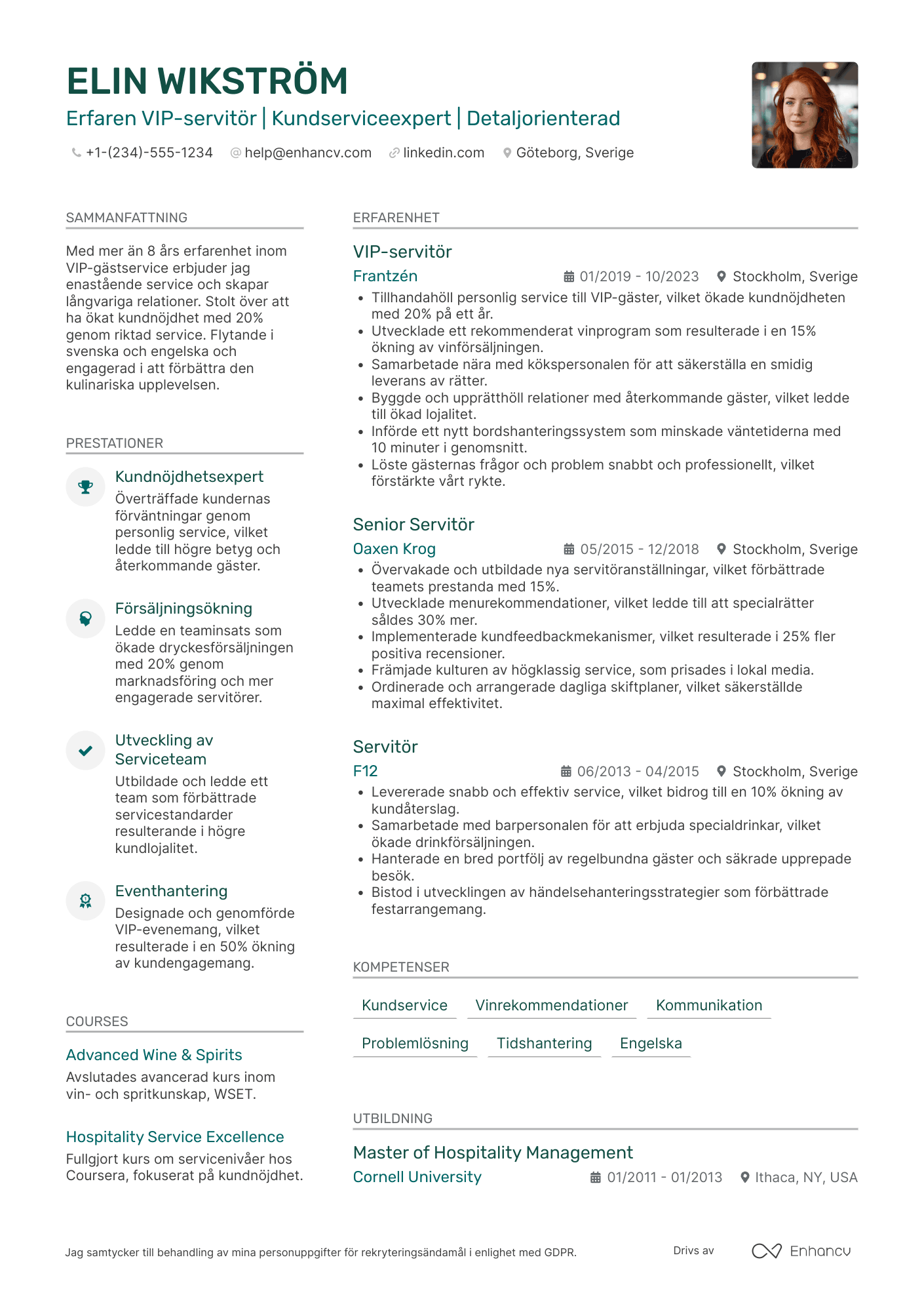 CV för VIP servitör Resume Example
