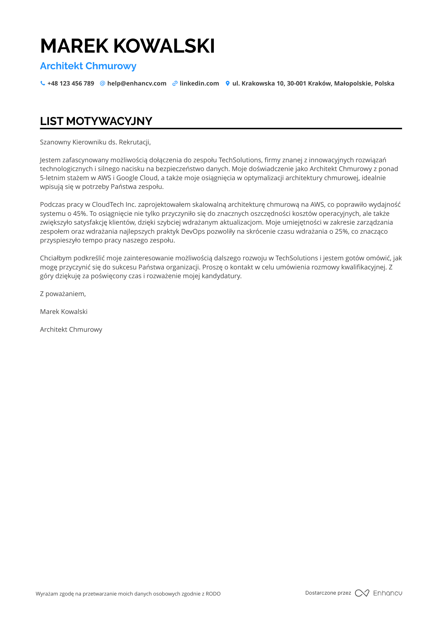 List motywacyjny dla Architekt chmurowy Resume Example