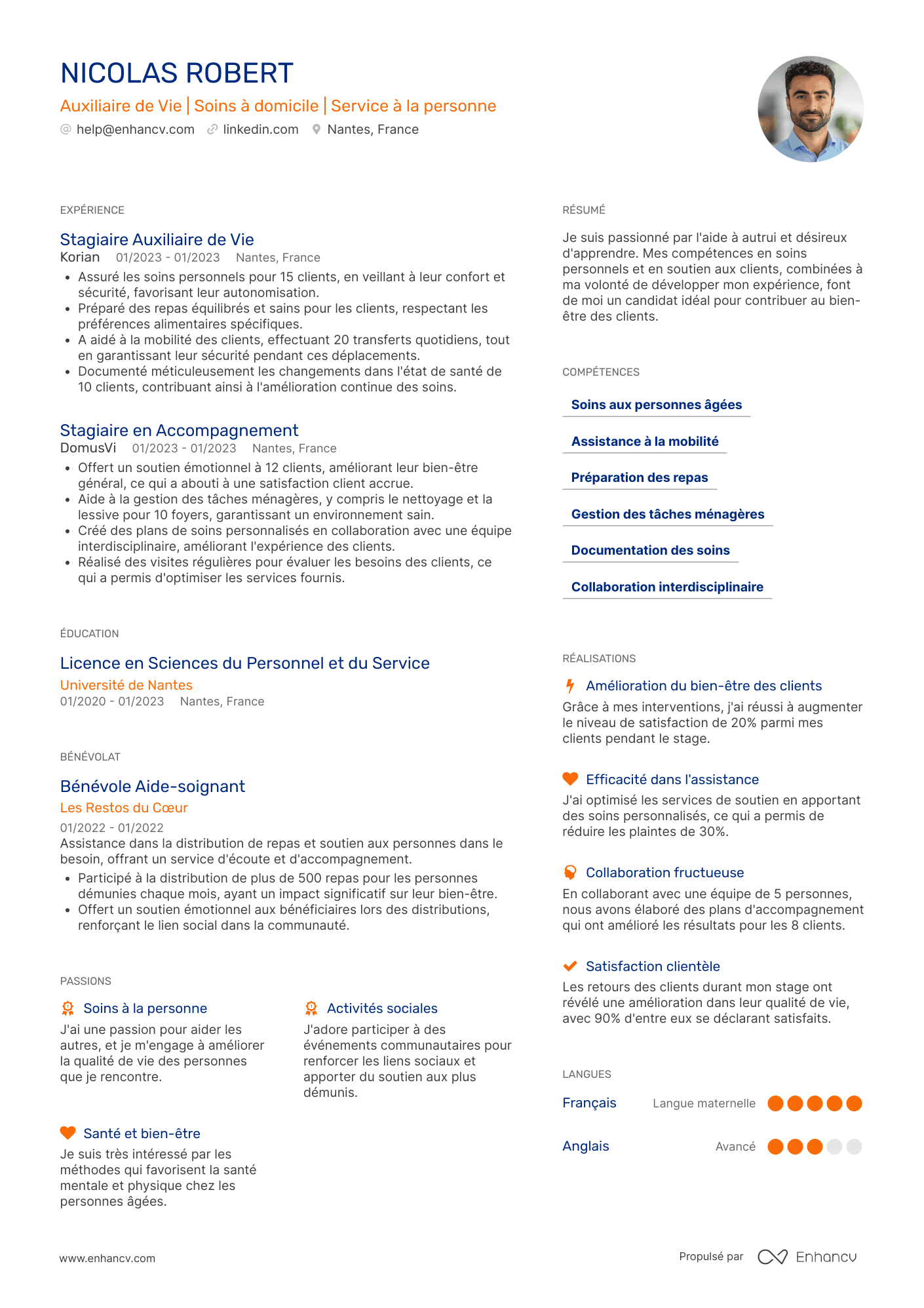 Auxiliaire de vie sans expérience Resume Example