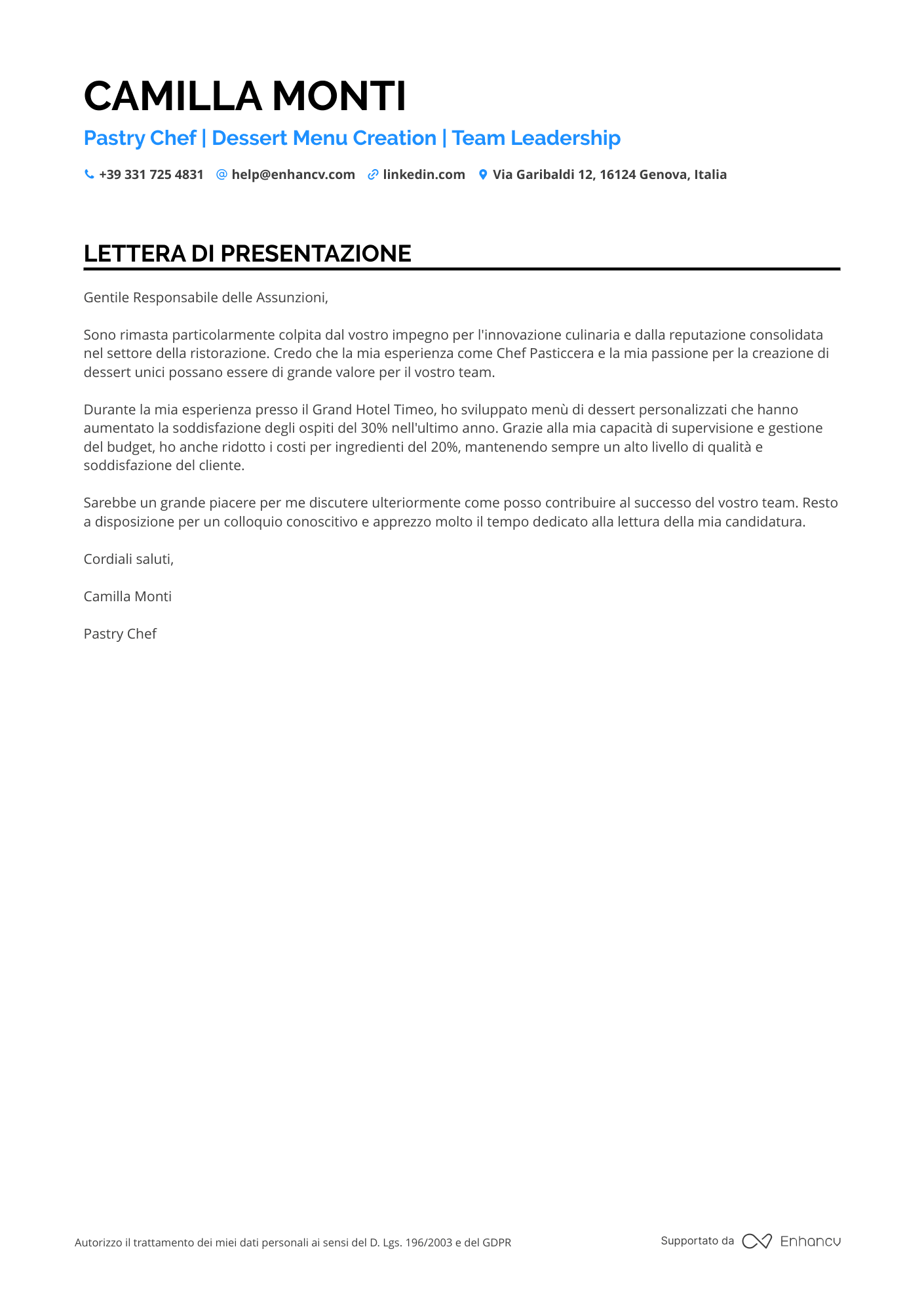 Pasticcere Executive Resume Example