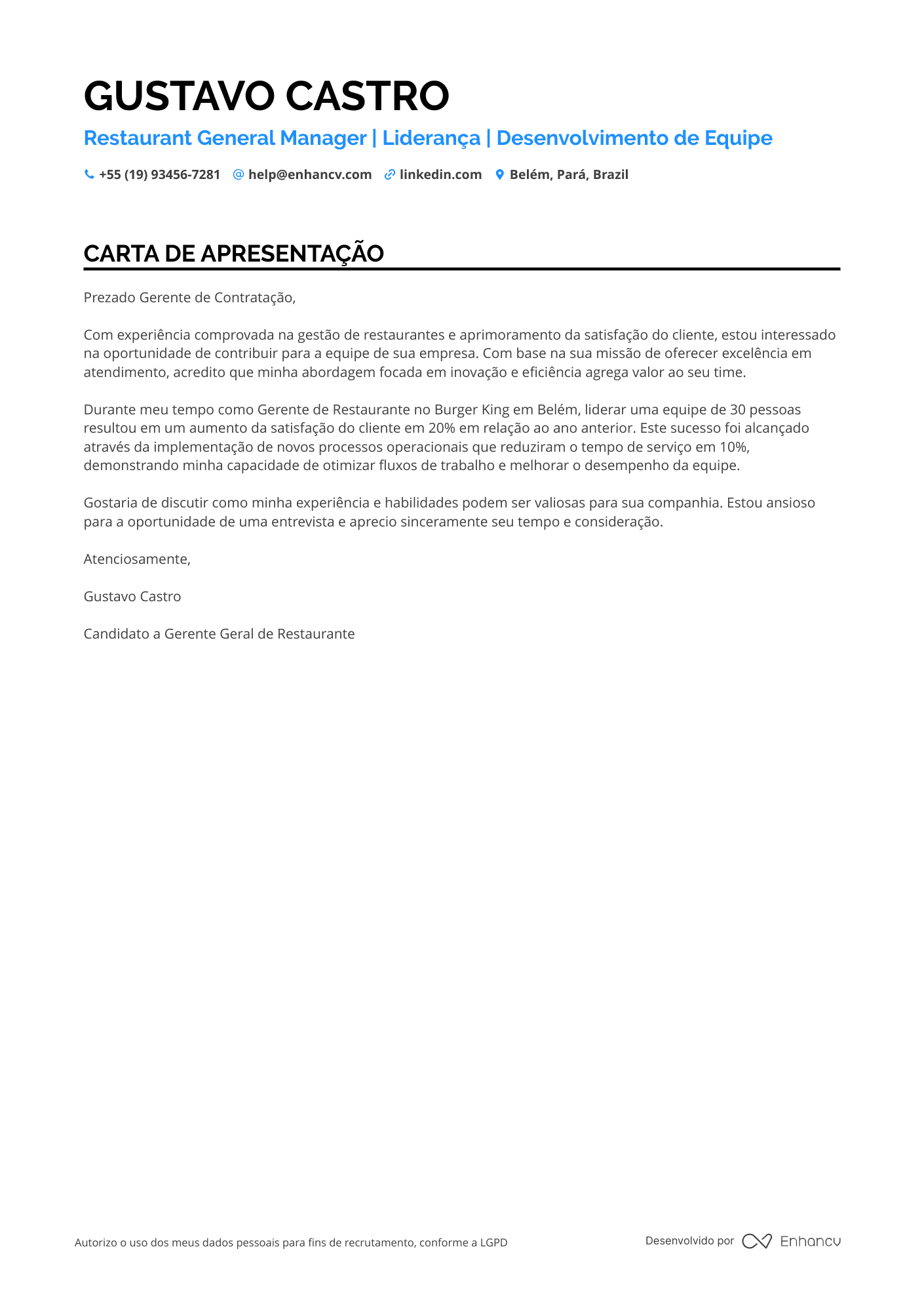 Gerente geral Júnior Resume Example