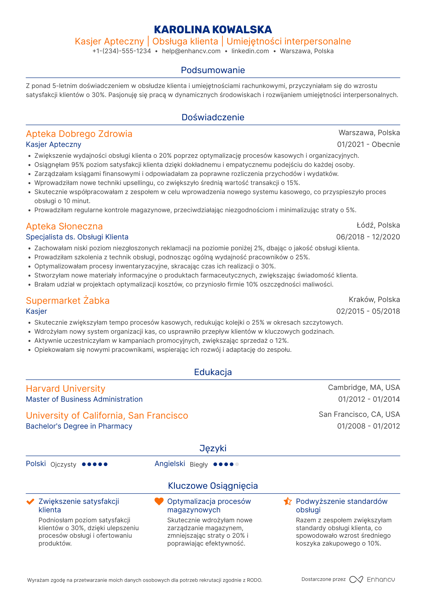 CV dla Kasjer Apteczny Resume Example