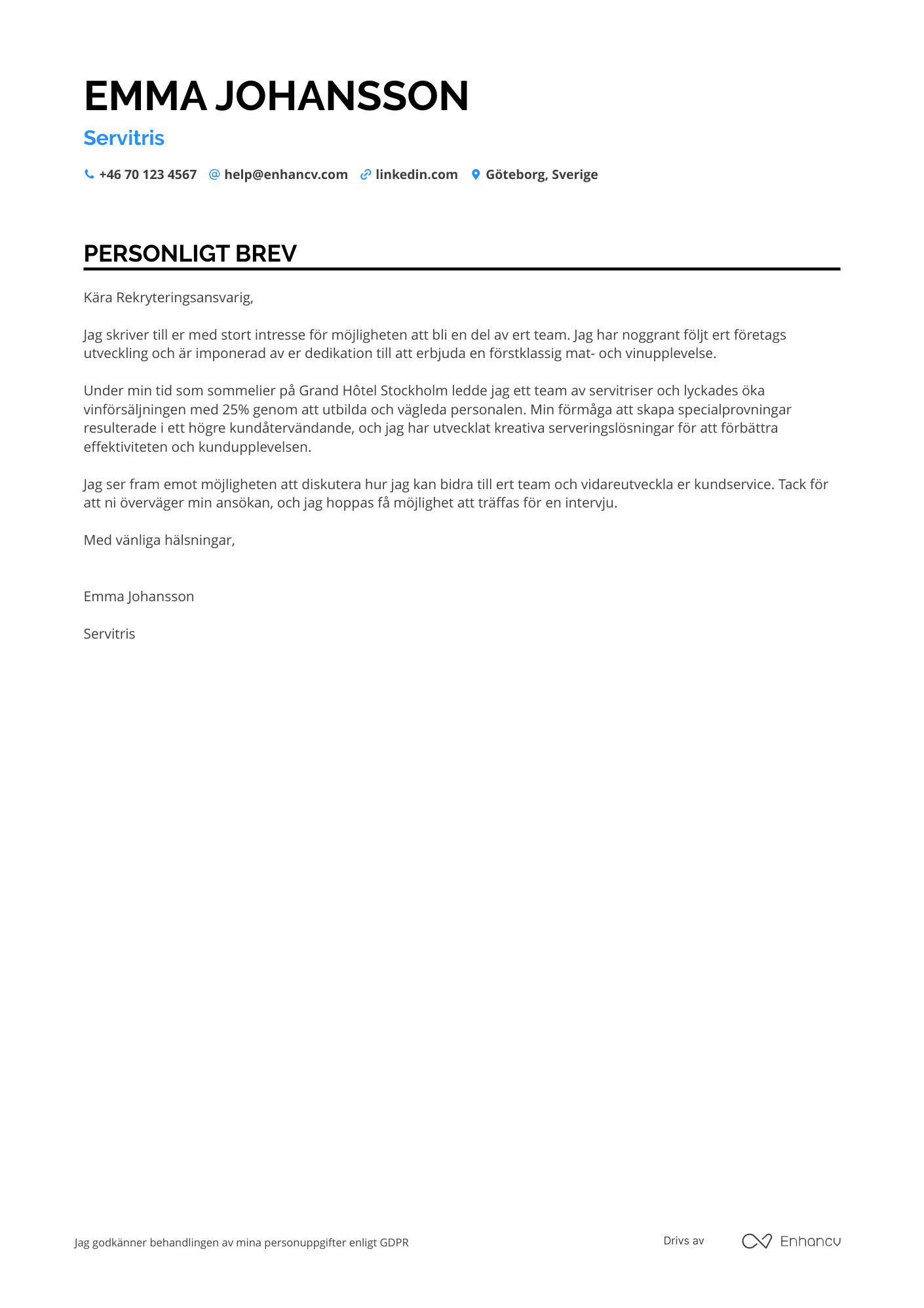 Personligt brev för Wine Bar Servitris Resume Example