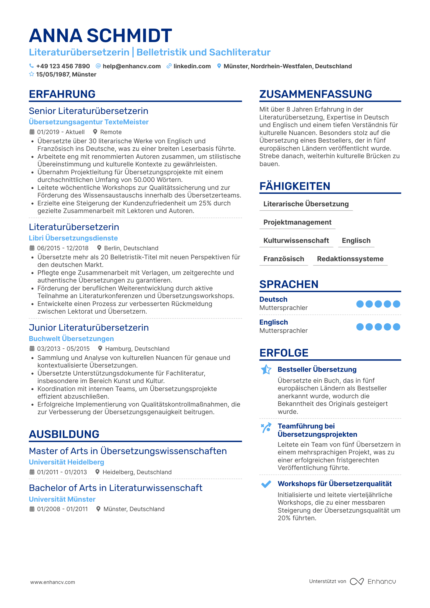 Lebenslauf als Literaturübersetzer Resume Example