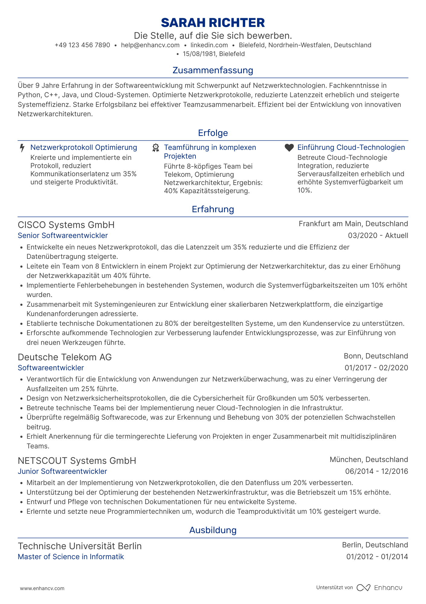 Lebenslauf als Softwareentwickler für Netzwerktechnologie Resume Example