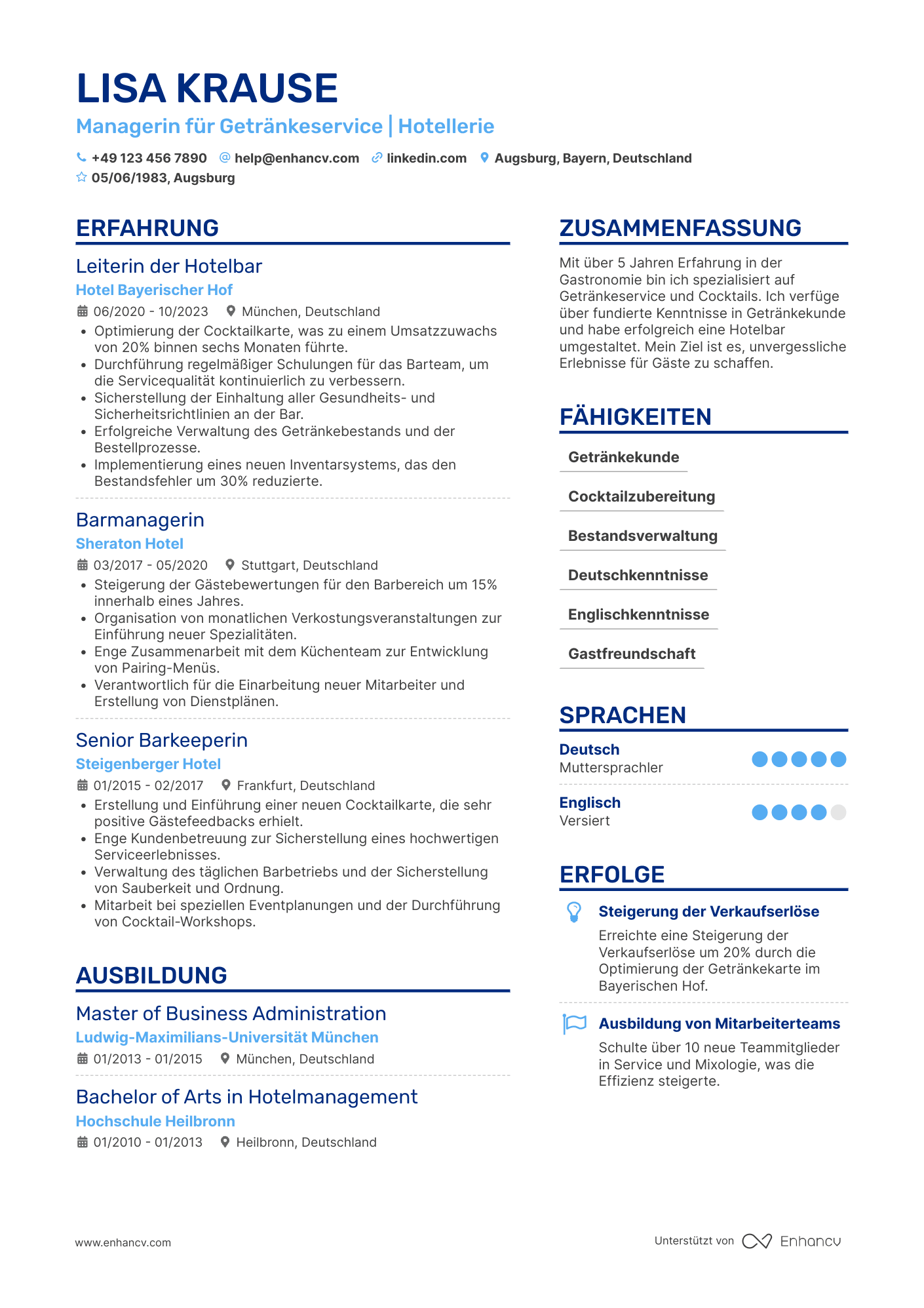 Lebenslauf als Barmann für Hotelbar Resume Example