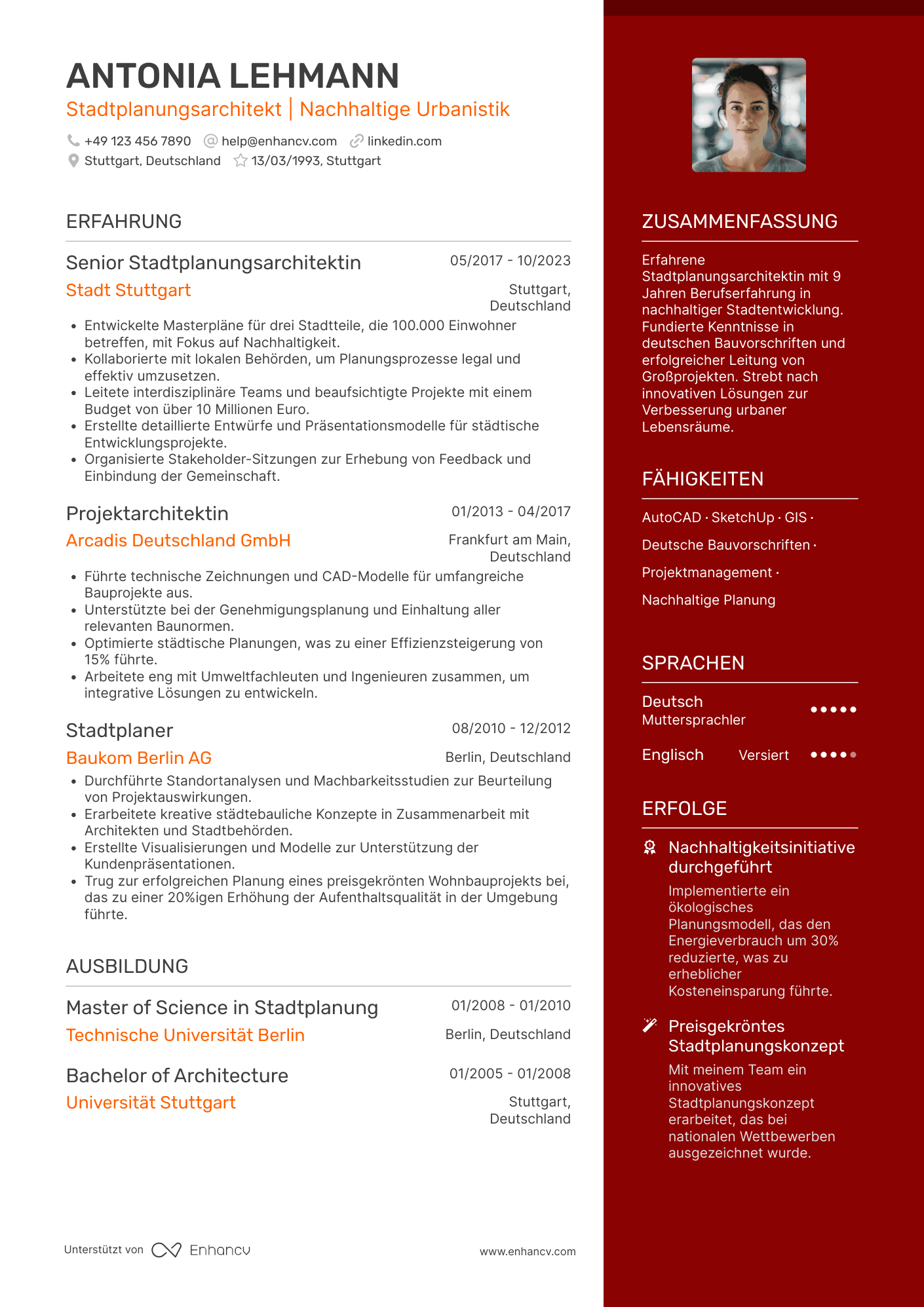 Lebenslauf als Stadtplanungsarchitekt Resume Example