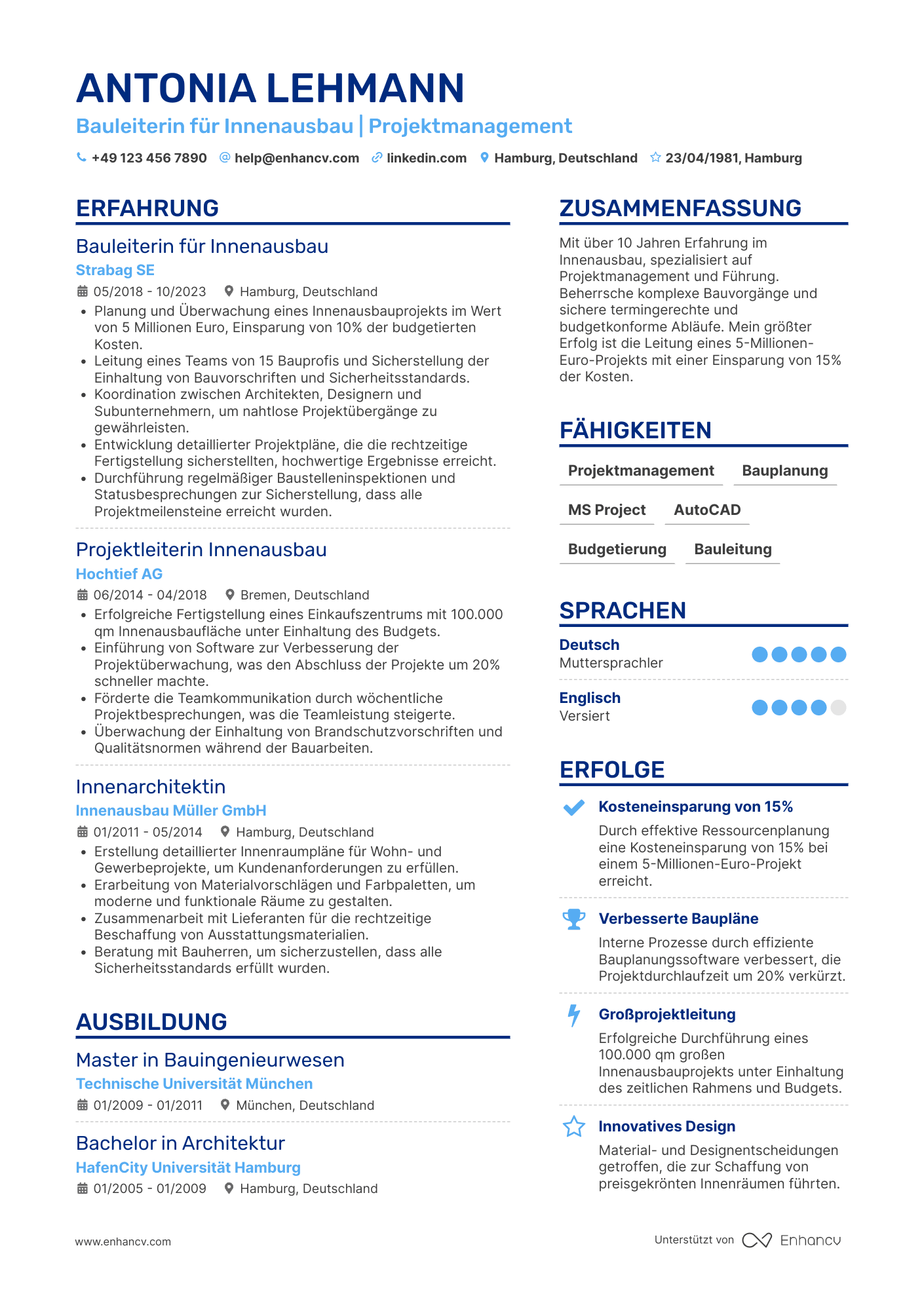 Lebenslauf als Bauleiter für Innenausbau Resume Example