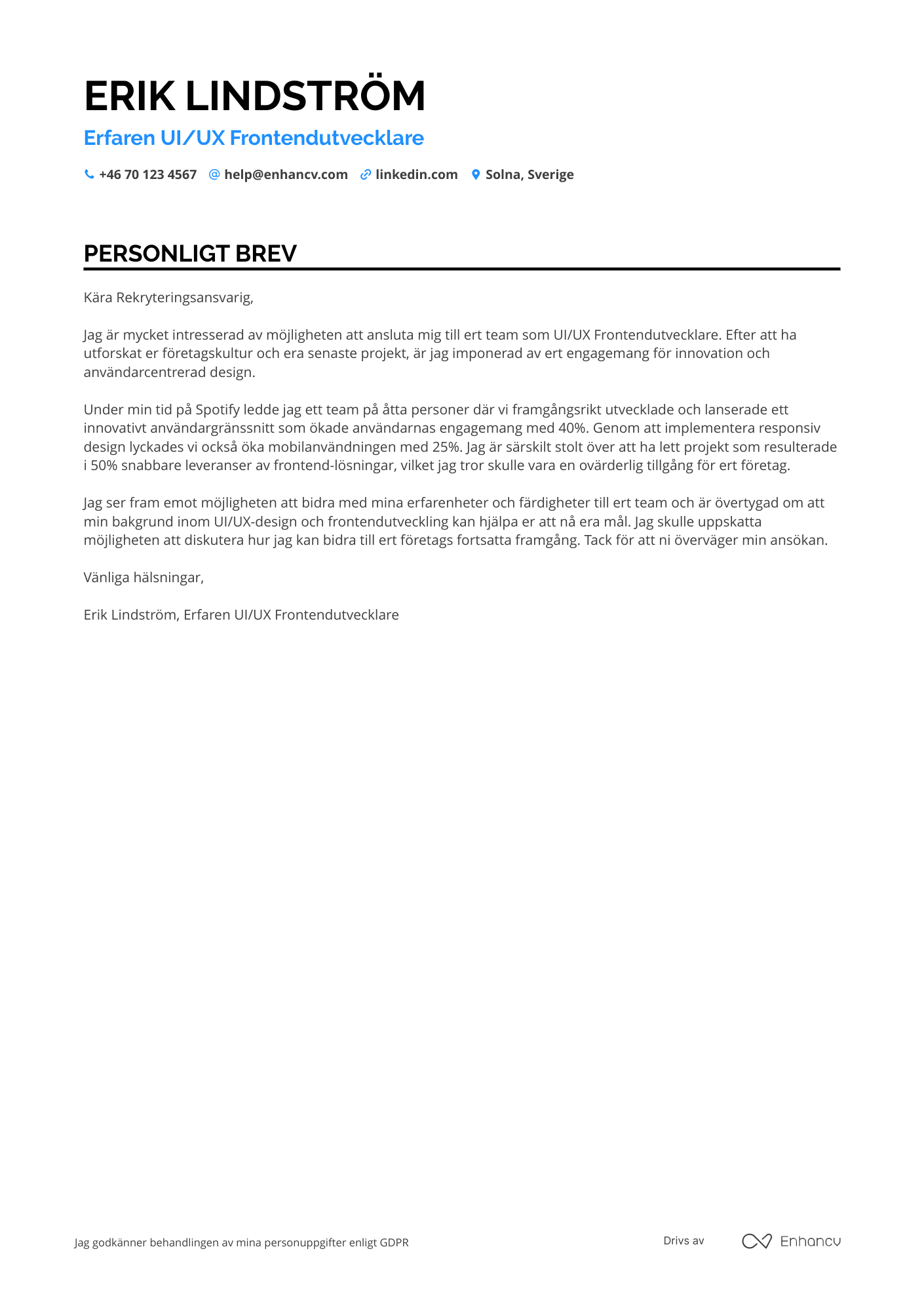 Personligt brev för UI/UX Frontendutvecklare Resume Example