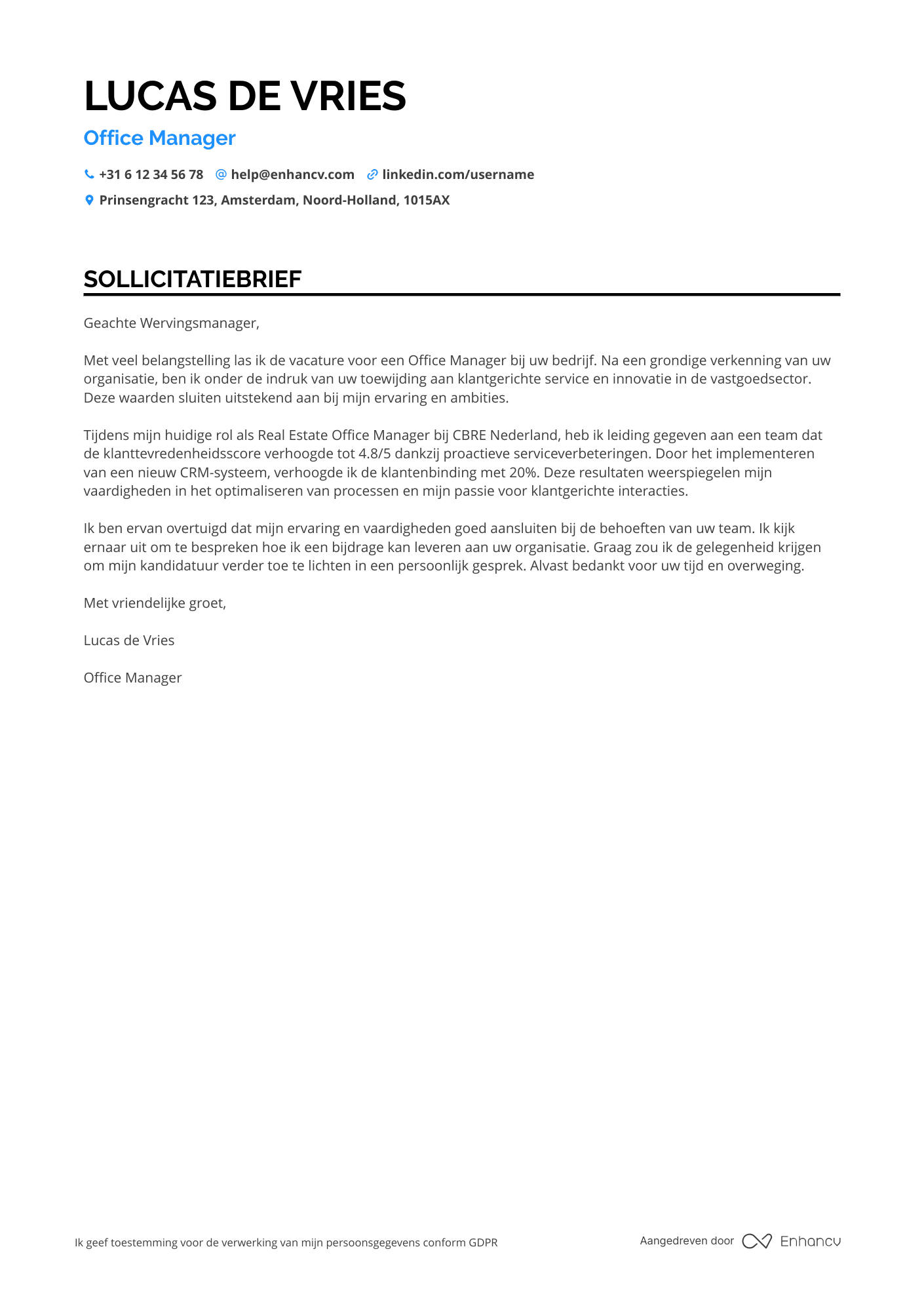 Sollicitatiebrief voor Real Estate Office Manager Resume Example