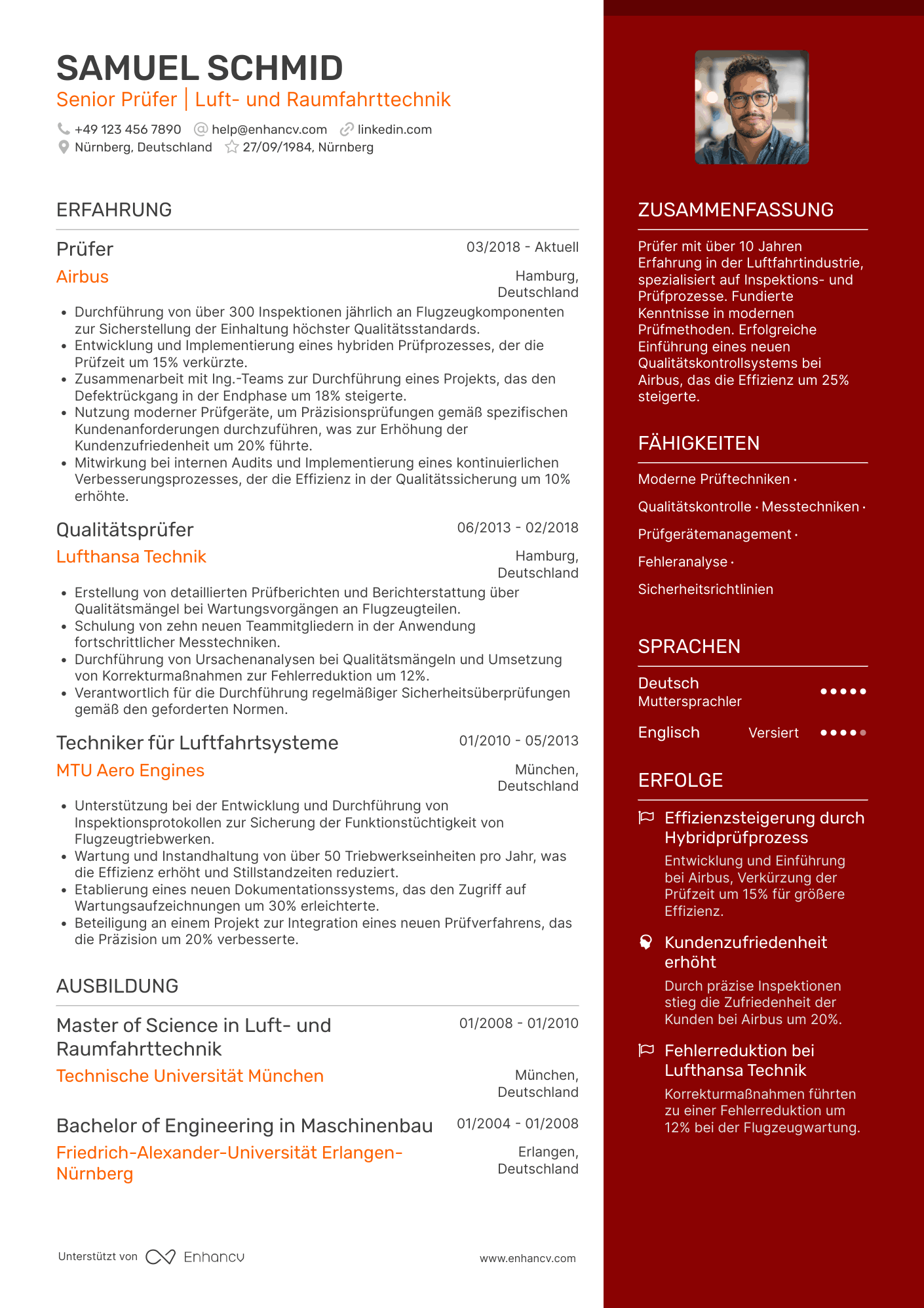 Lebenslauf in Prüfer in der Luft  und Raumfahrtindustrie Resume Example