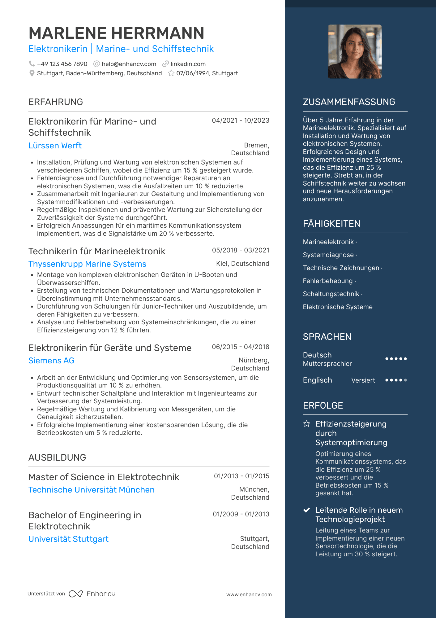 Lebenslauf als Elektroniker für Marine  und Schiffstechnik Resume Example