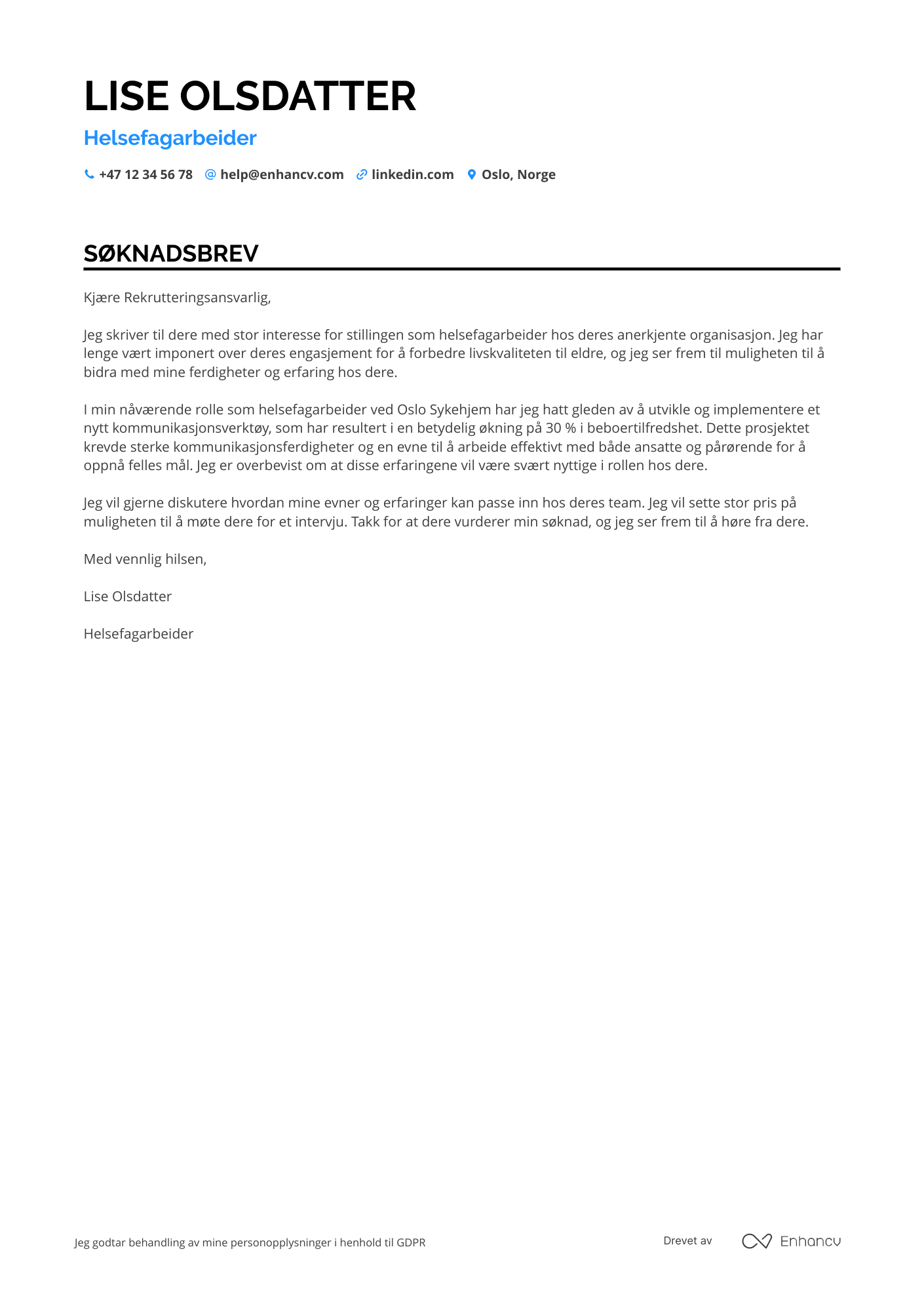 Søknadsbrev for Helsefagarbeider i Sykehjem Resume Example