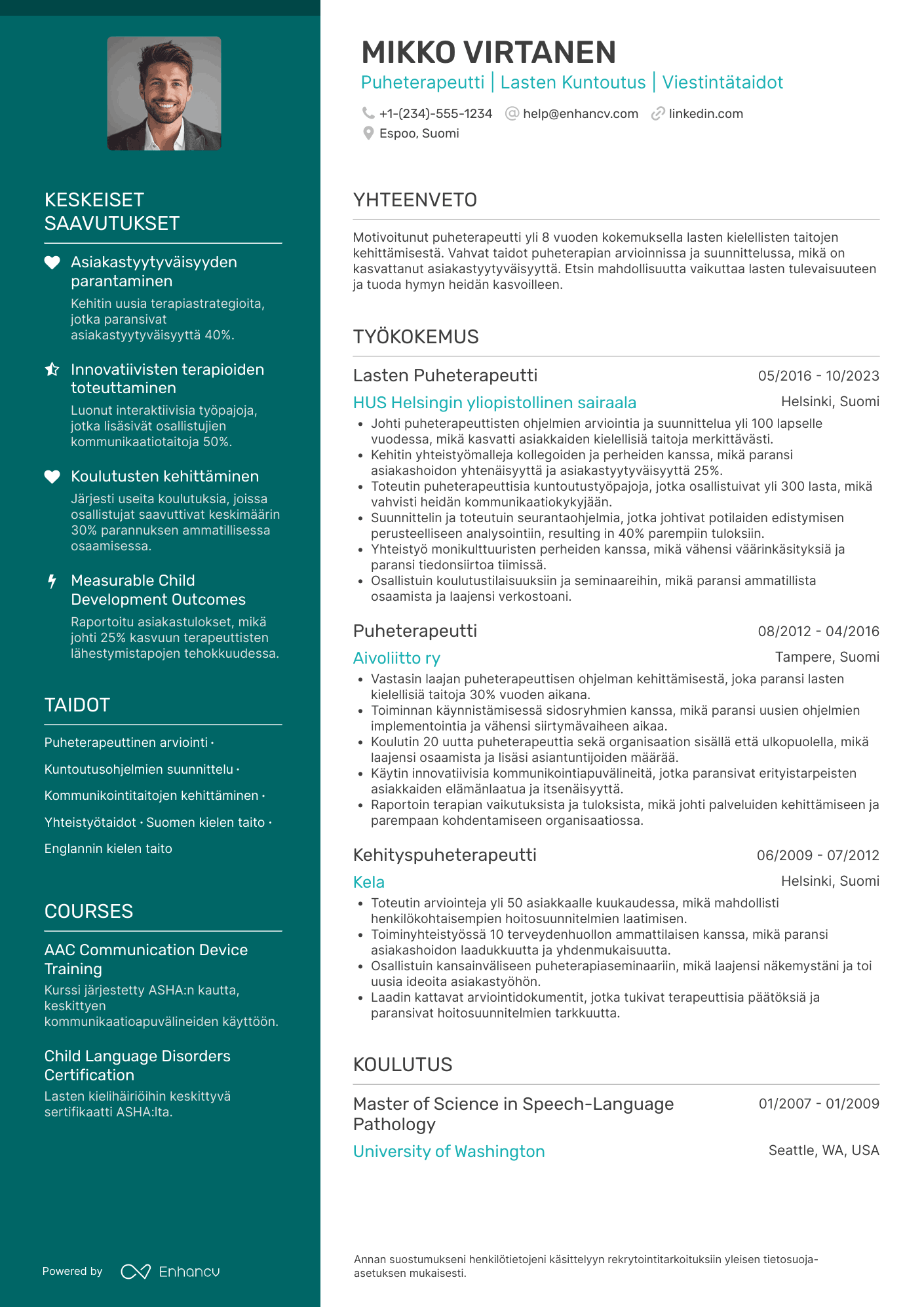 Ansioluettelo Lasten puheterapeutti Resume Example