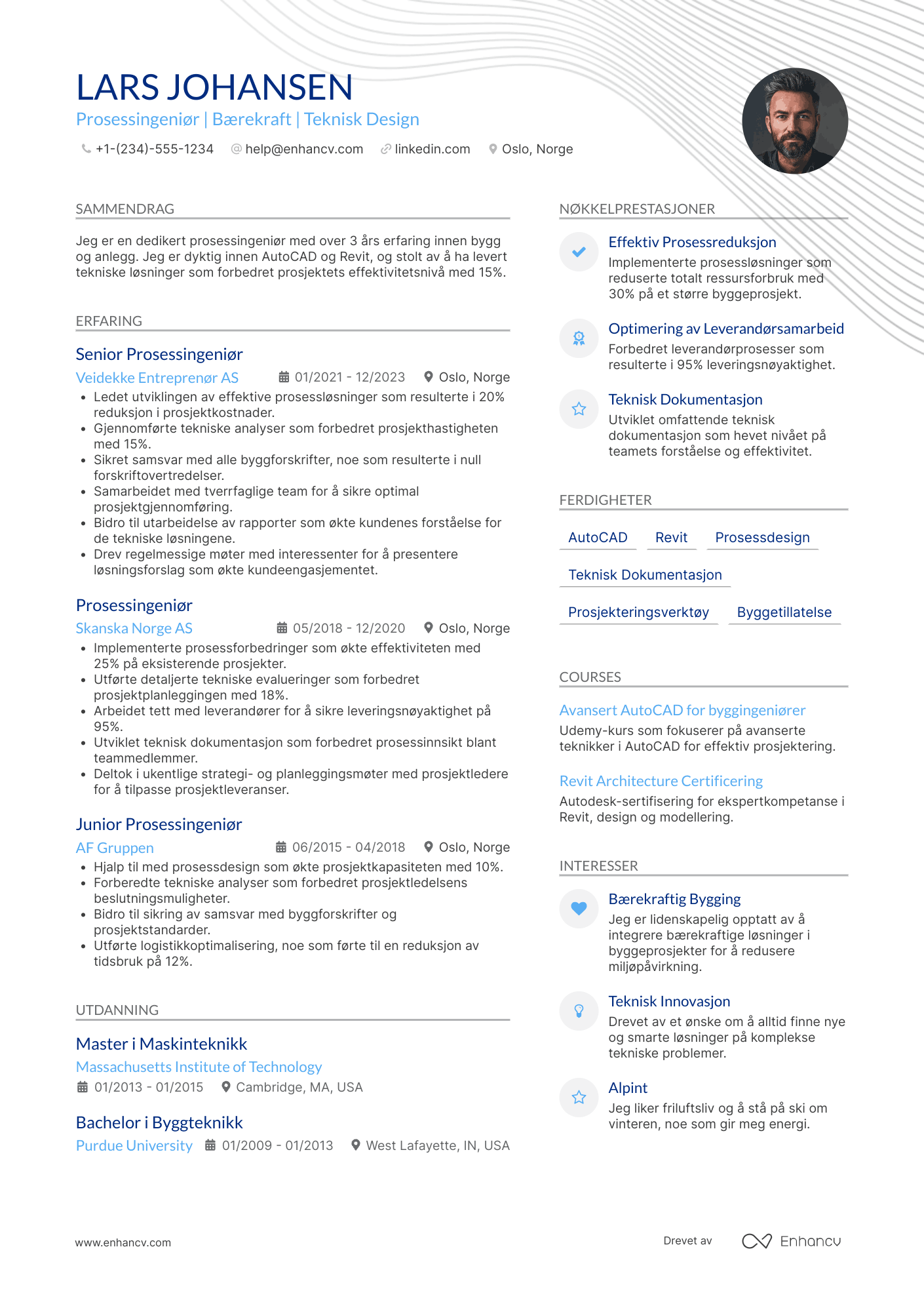 CV for Prosessingeniør Bygg og Anlegg Resume Example