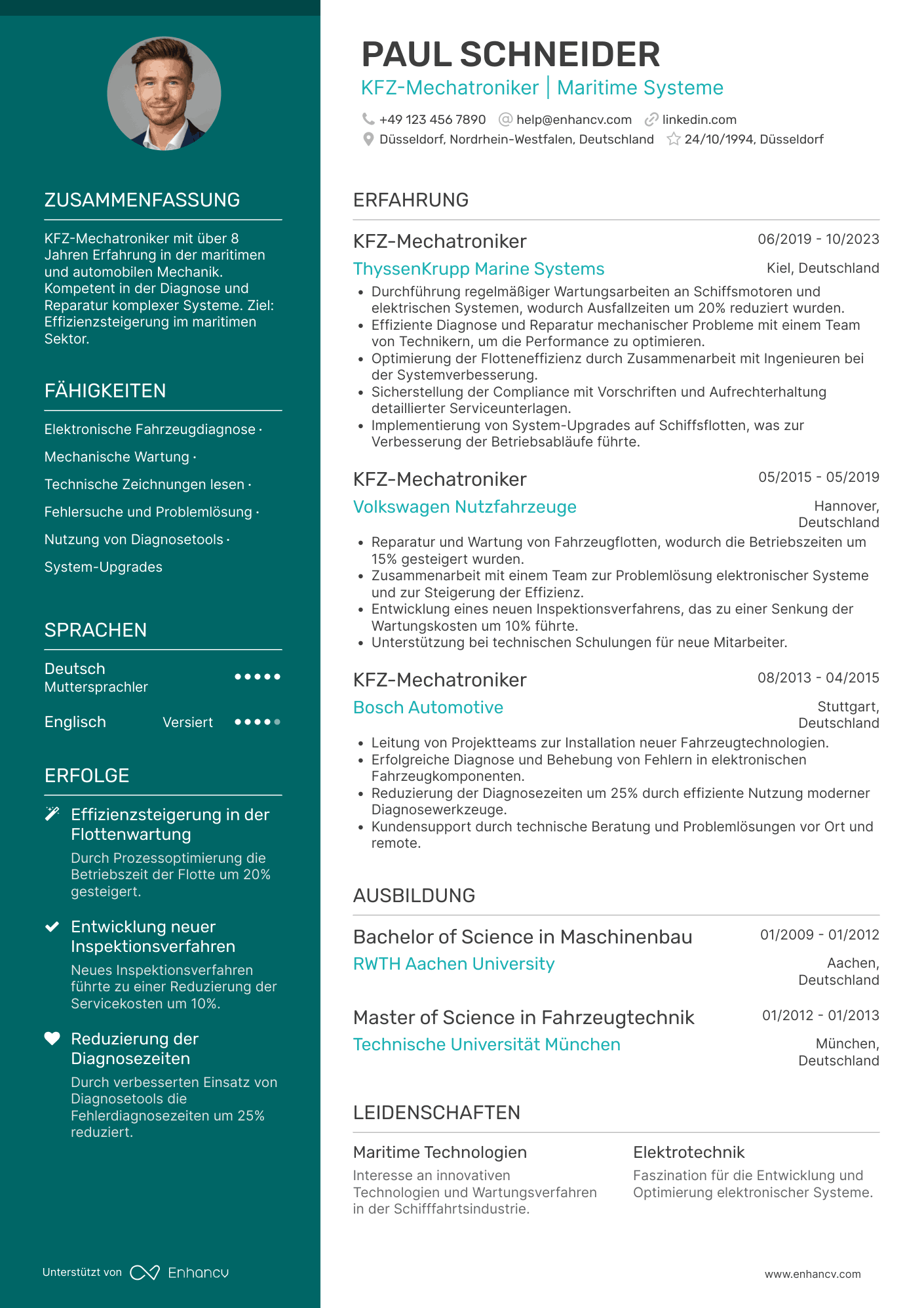 Lebenslauf in KFZ Mechatroniker in der Schifffahrt Resume Example