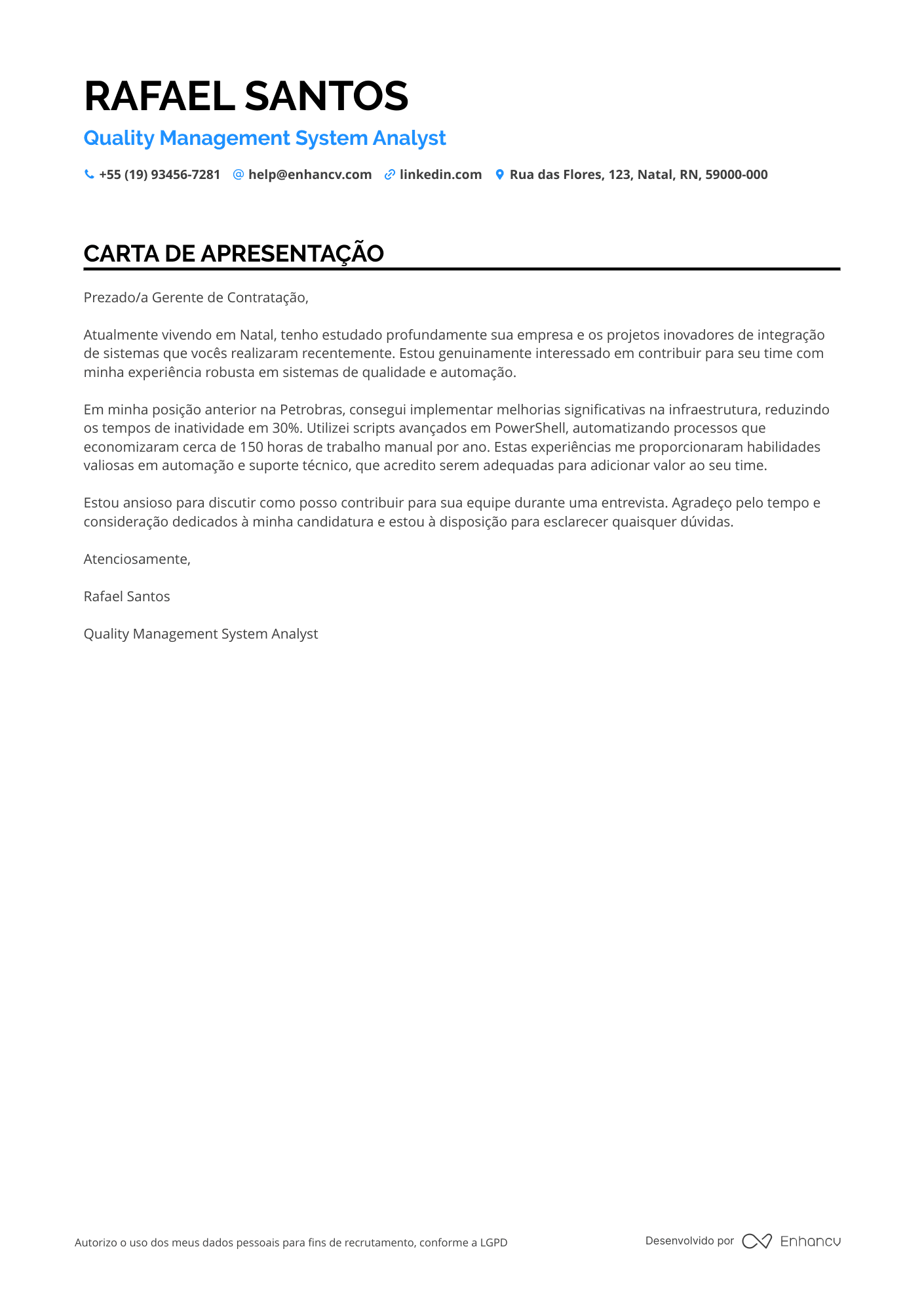 Analista de Sistemas de Infraestrutura Resume Example