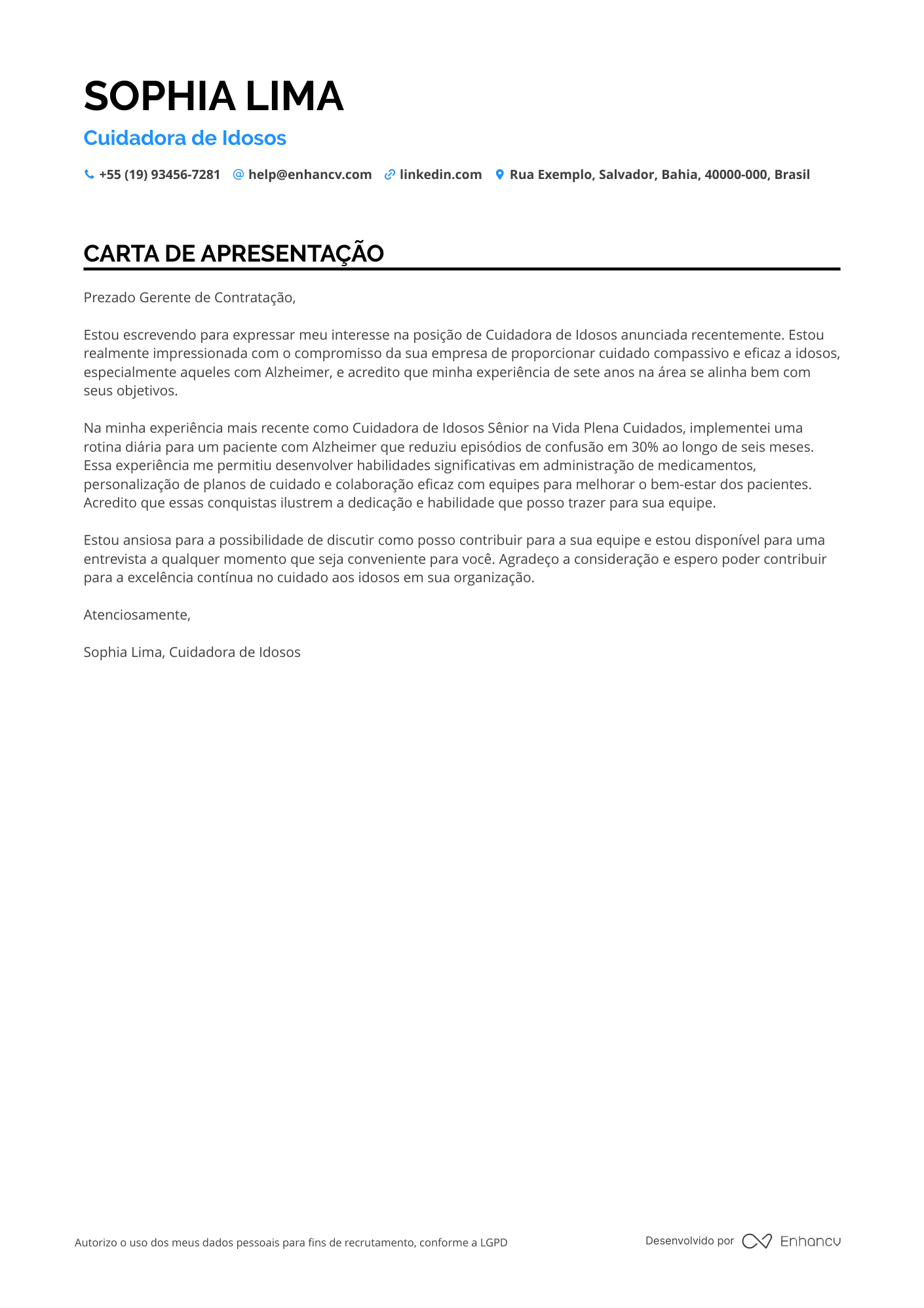 Cuidador de Idosos com Experiência em Alzheimer Resume Example