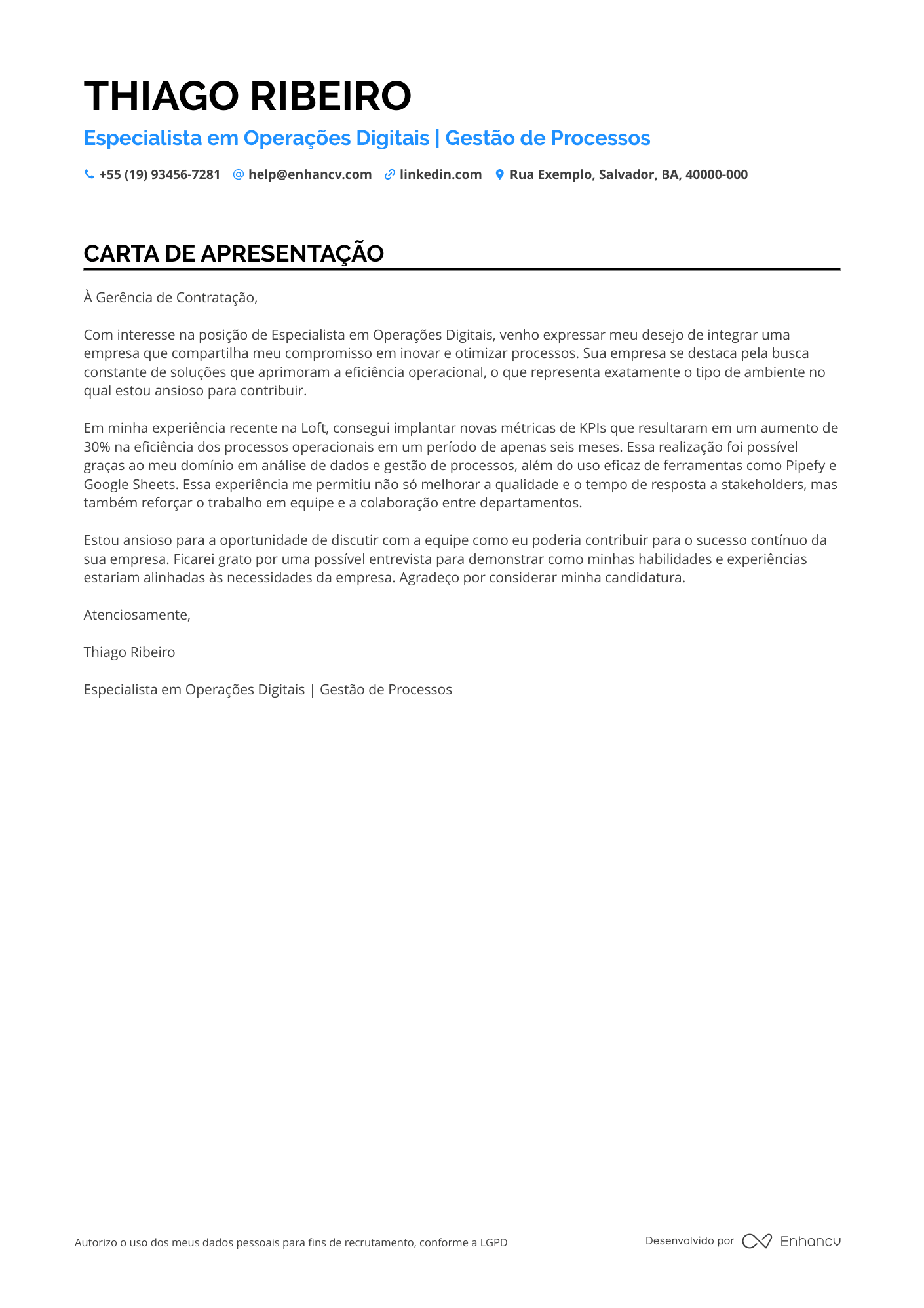 Analista de Dados de Operações Resume Example