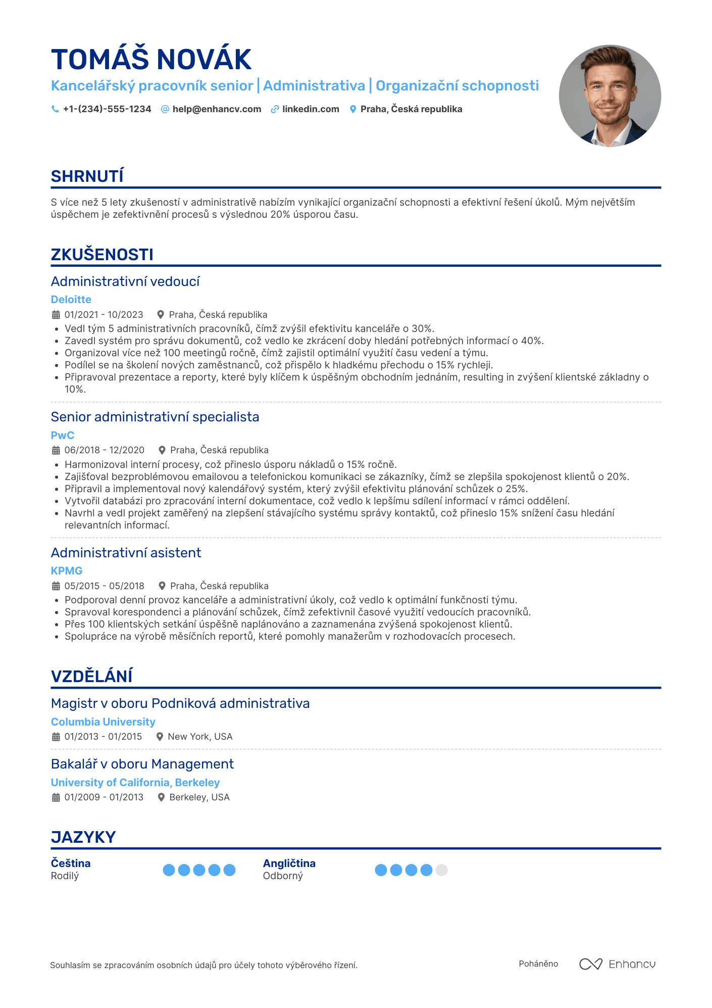 Životopis pro Kancelářský pracovník senior Resume Example