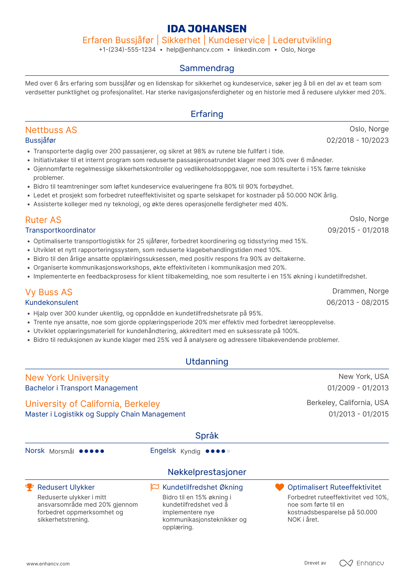 CV for Bussjåfør med opplæring Resume Example