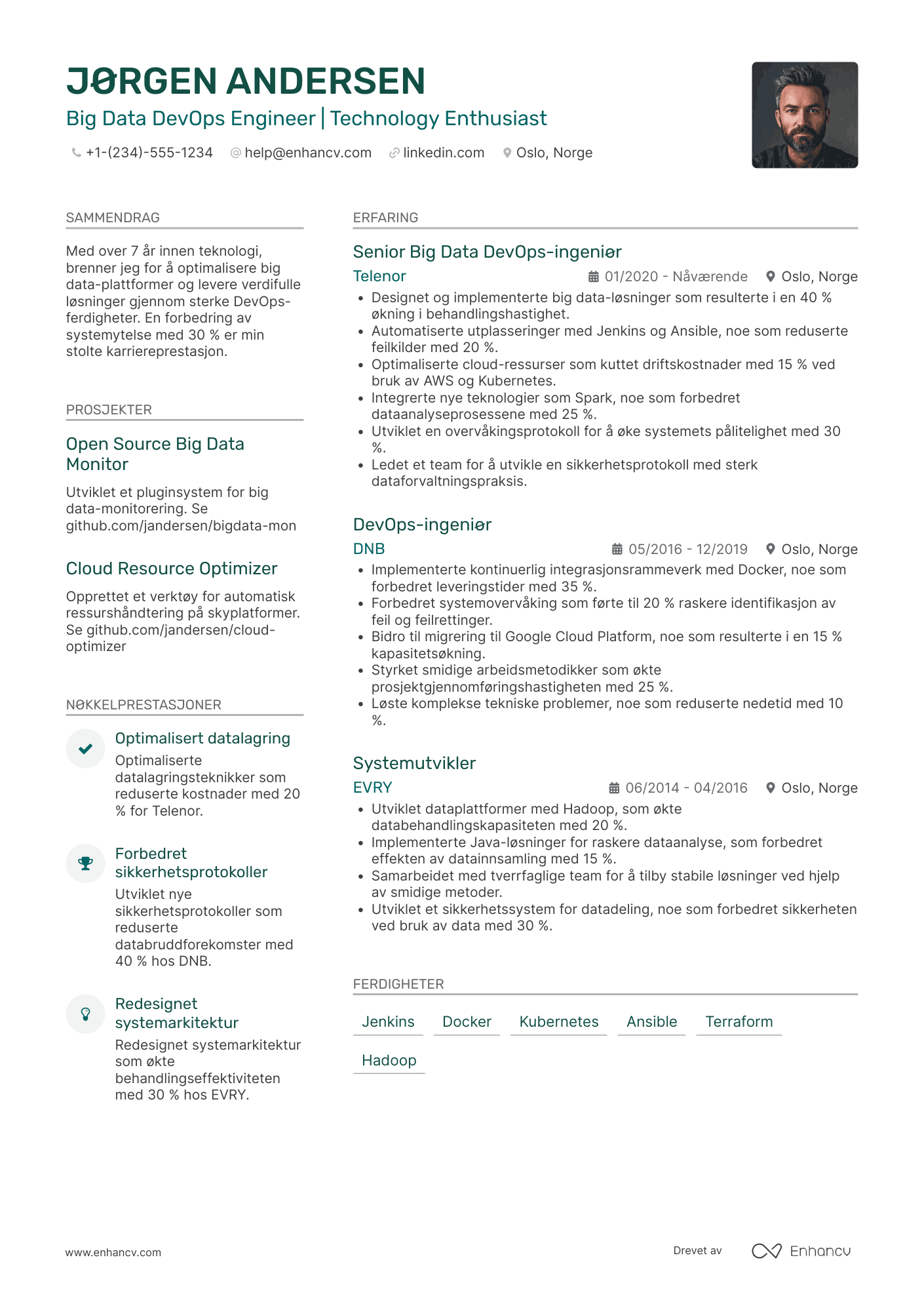 CV for Big Data DevOps ingeniør Resume Example