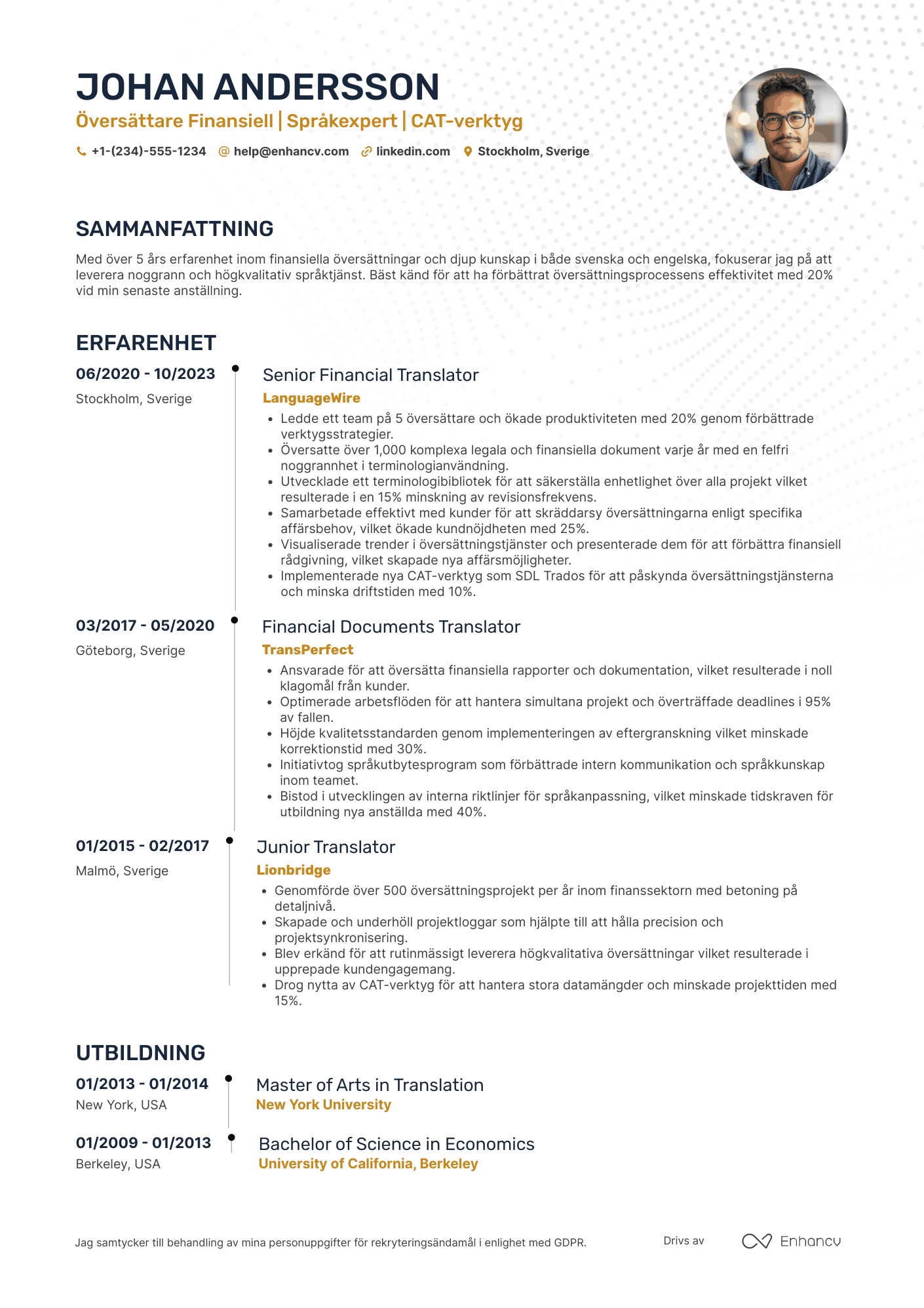 CV för Översättare Finansiell Resume Example