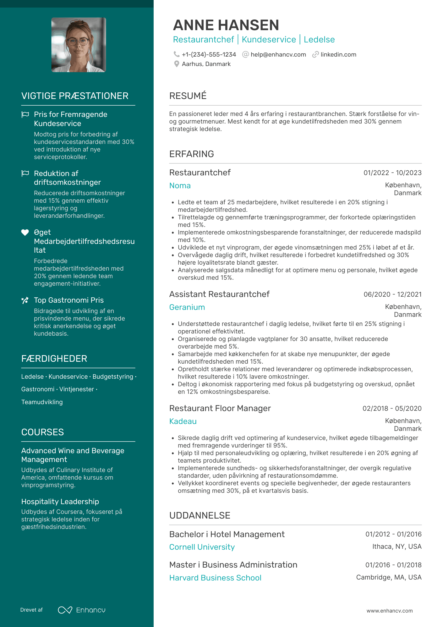 CV til Restaurantchef i finere spisesteder Resume Example