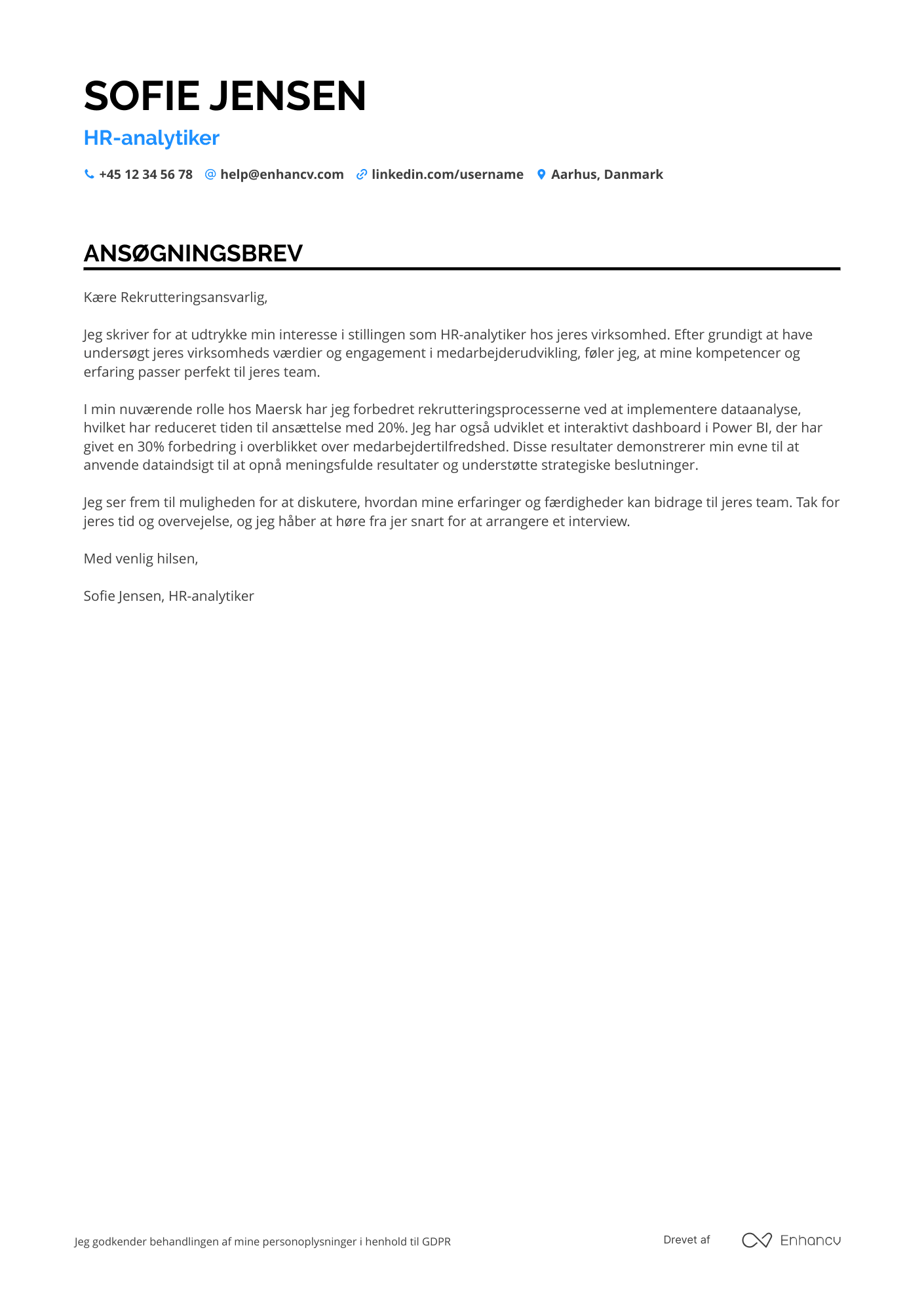 Ansøgningsbrev til HR analytiker Resume Example