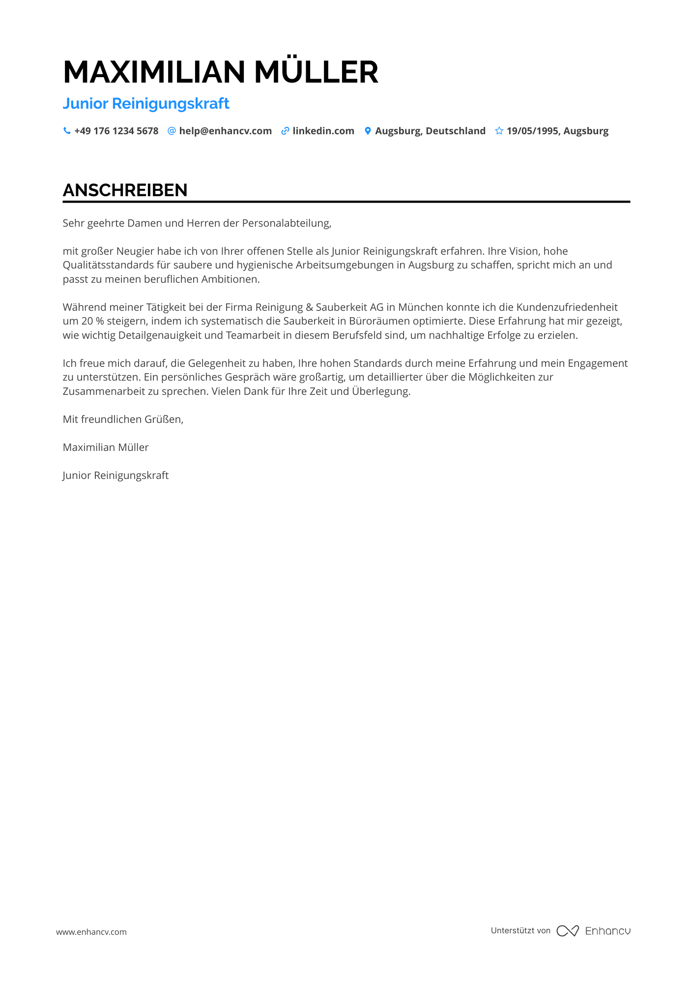 Junior Reinigungskraft Resume Example