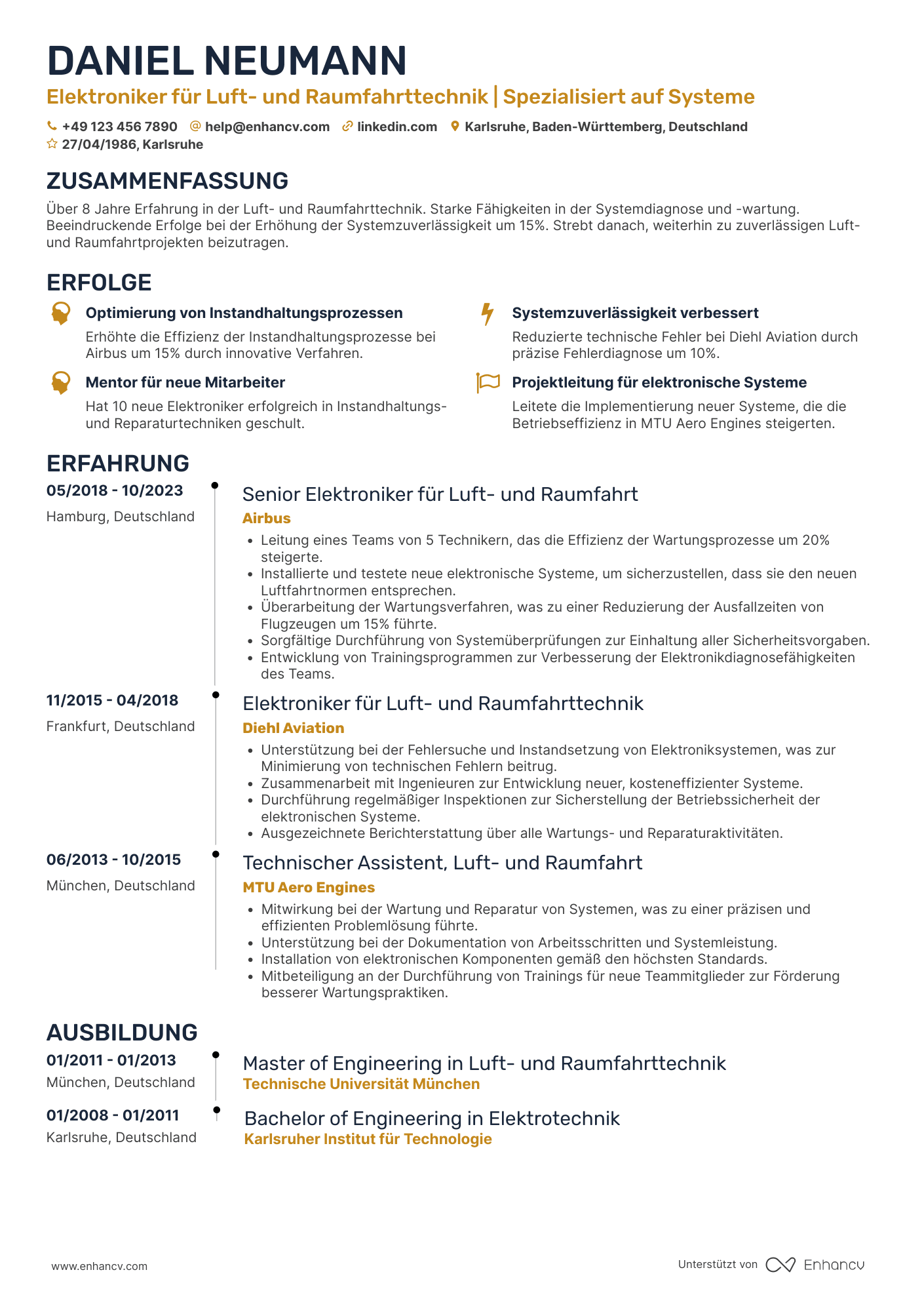 Lebenslauf als Elektroniker für Luft  und Raumfahrttechnik Resume Example