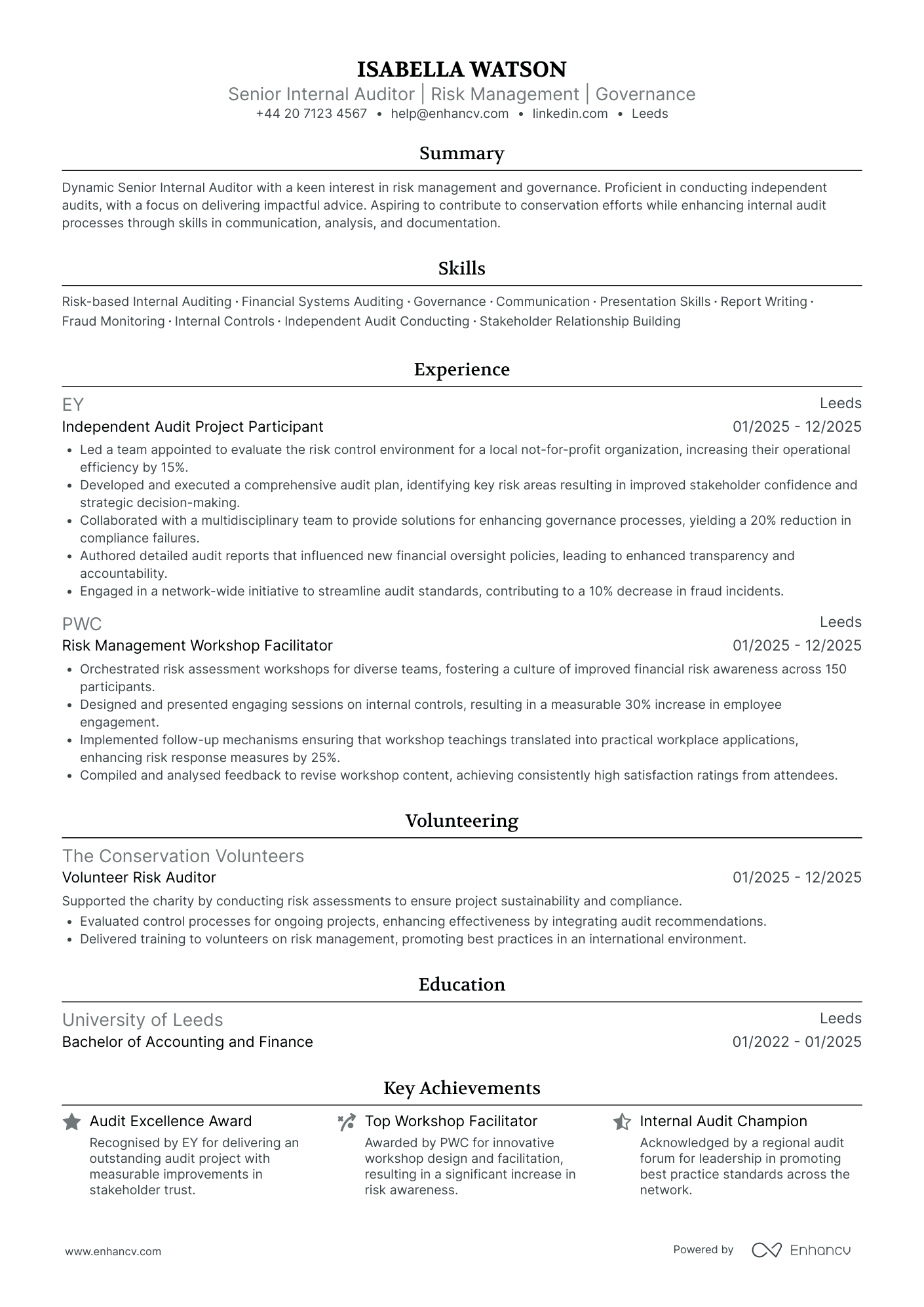 Senior Internal Auditor Resume Example