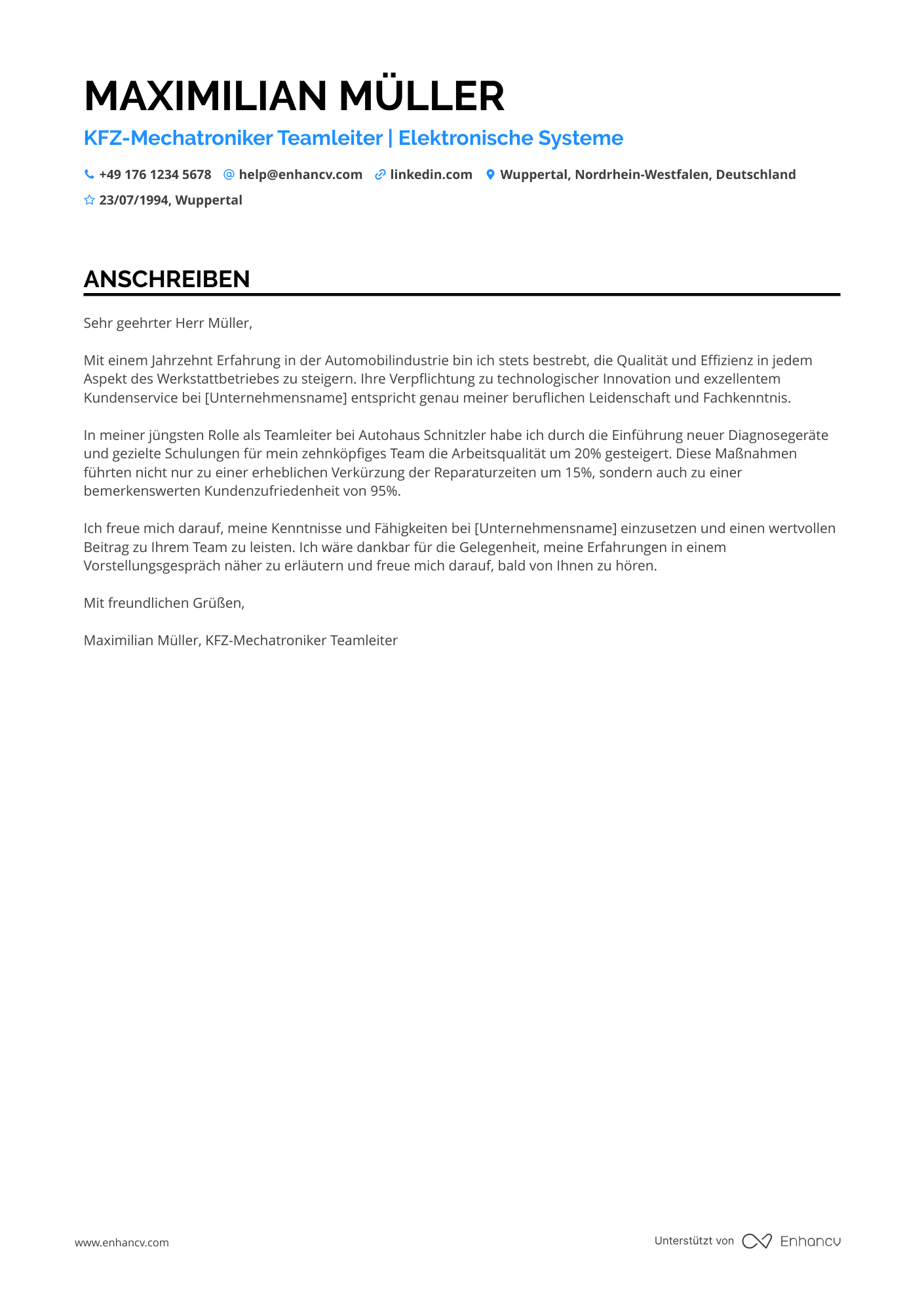 KFZ Mechatroniker Teamleiter Resume Example