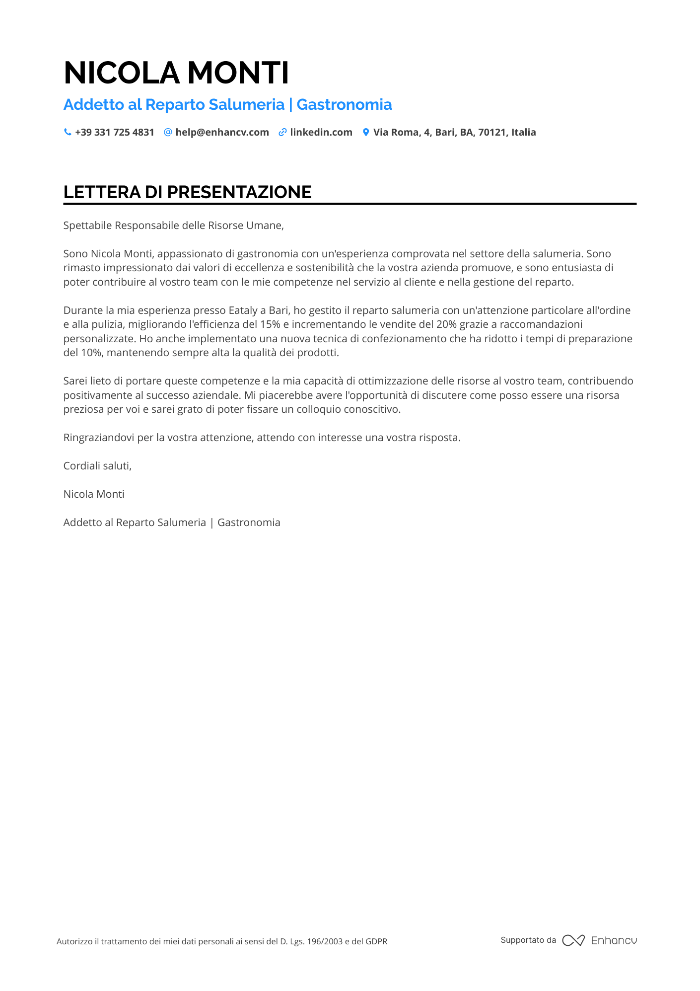 Salumiere Junior Resume Example