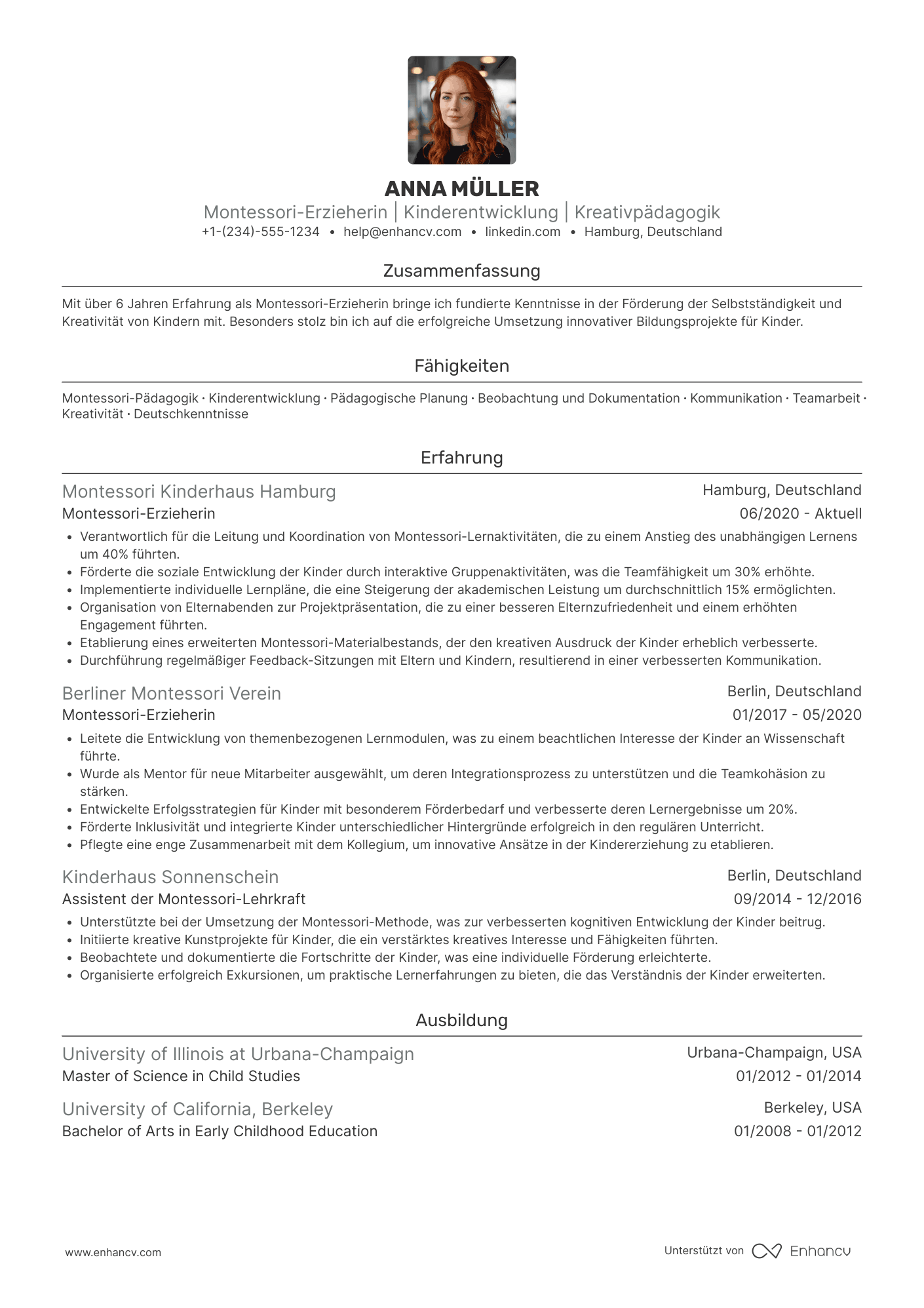 Lebenslauf für Montessori Erzieherin Resume Example