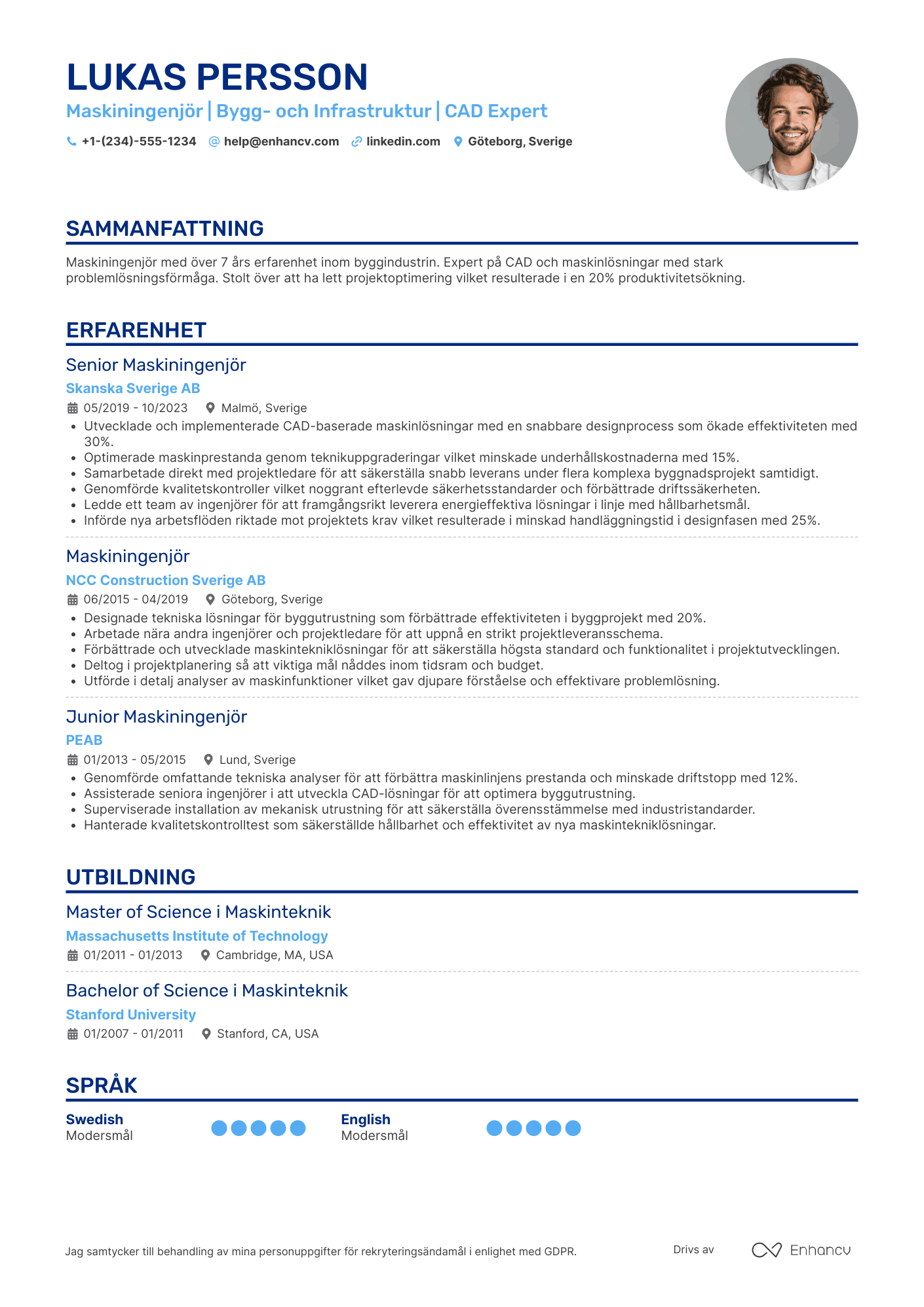 CV för Byggindustrin Maskiningenjör Resume Example