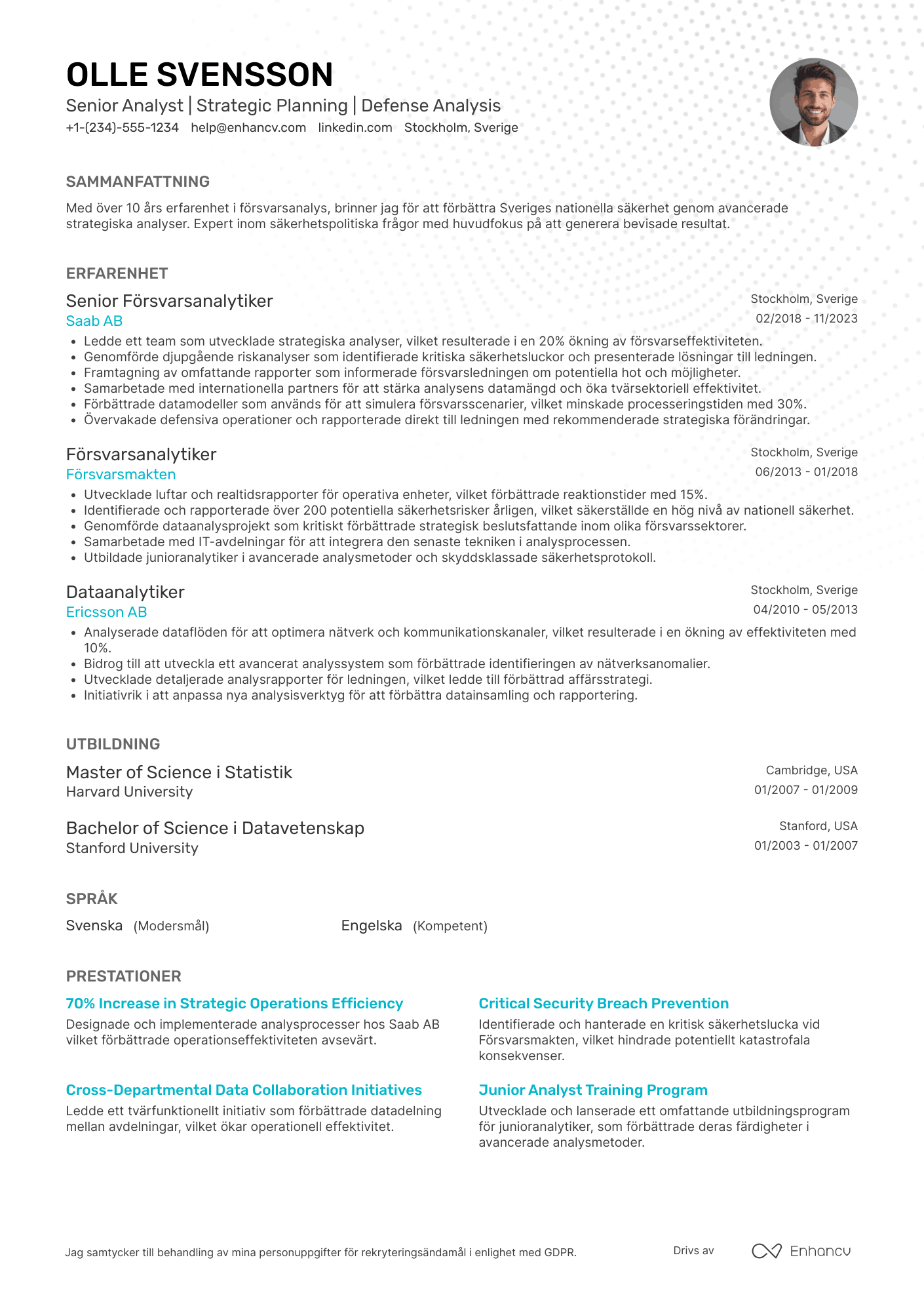 CV för Försvaret Senior Analytiker Resume Example