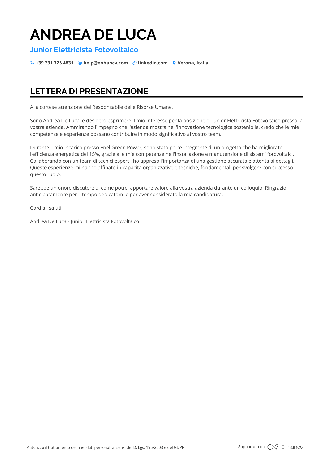 Elettricista Junior Resume Example