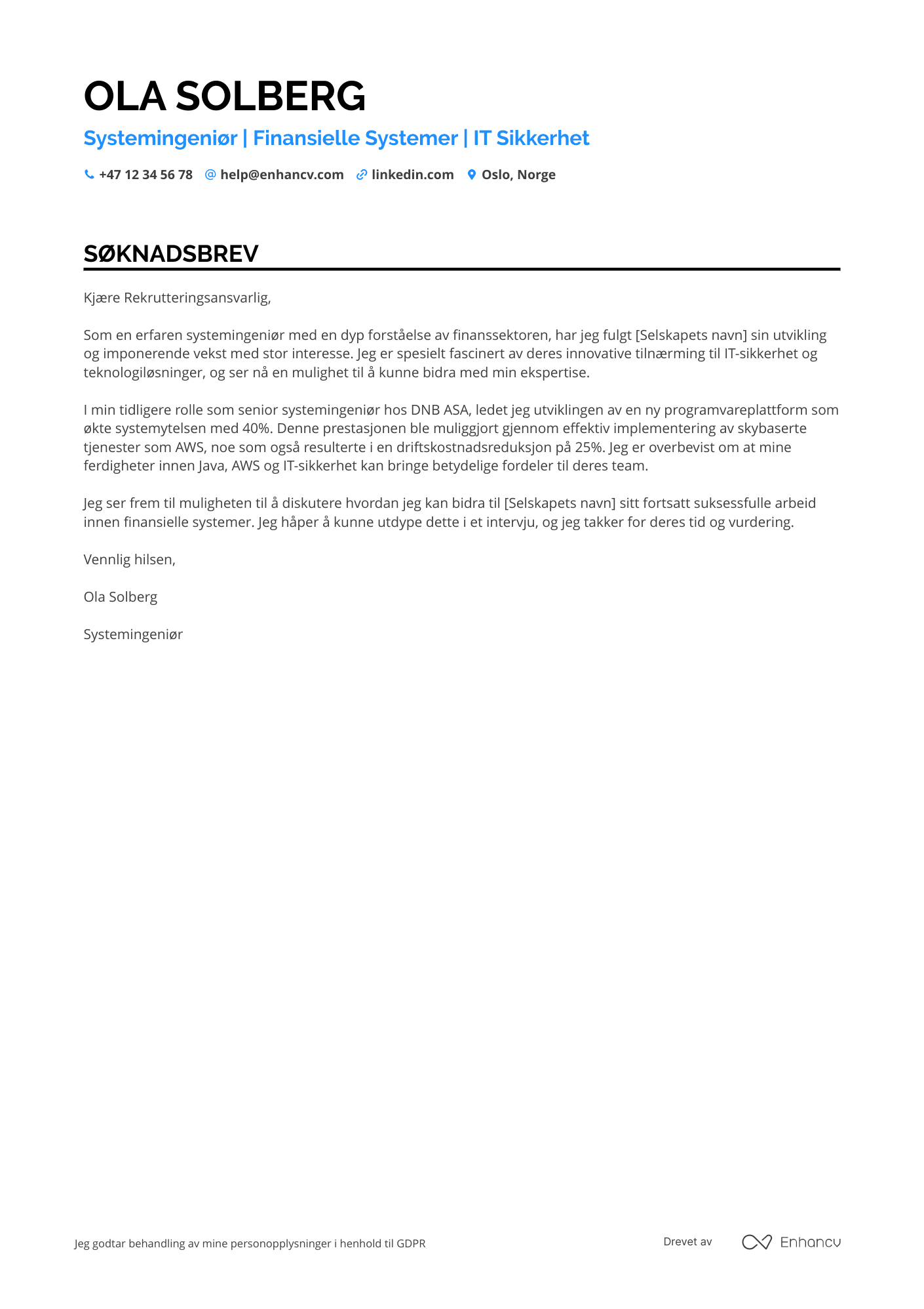 Søknadsbrev for Systemingeniør i finans Resume Example