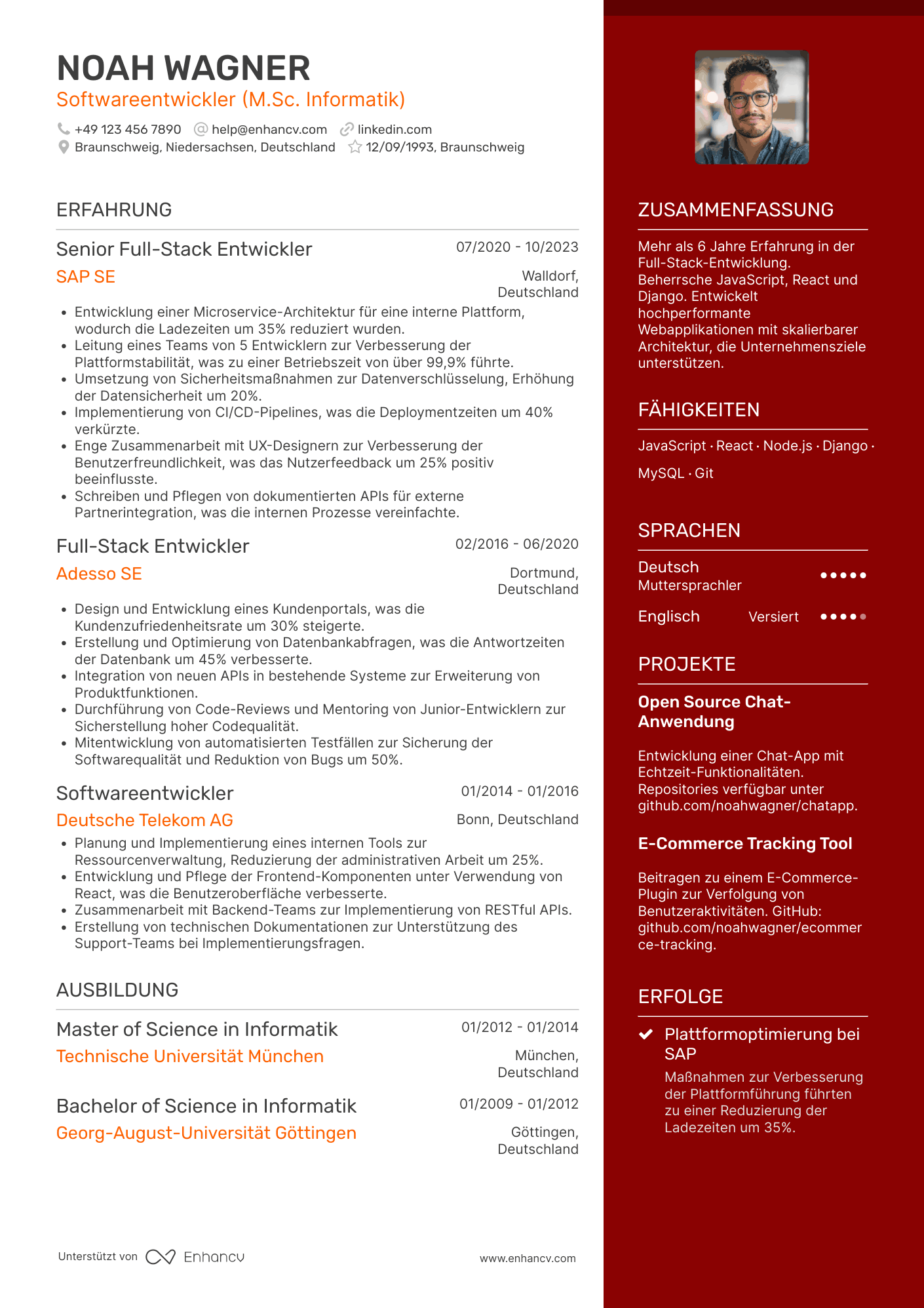 Lebenslauf als Softwareentwickler für Full Stack Entwicklung Resume Example