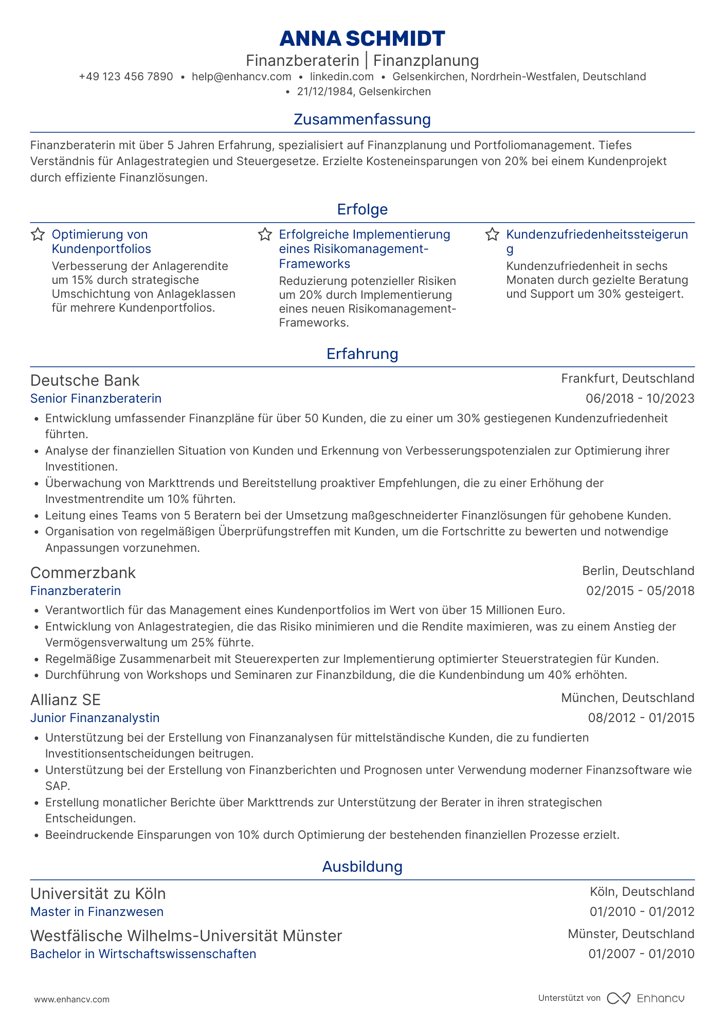 Lebenslauf als Finanzwesen Berater Resume Example