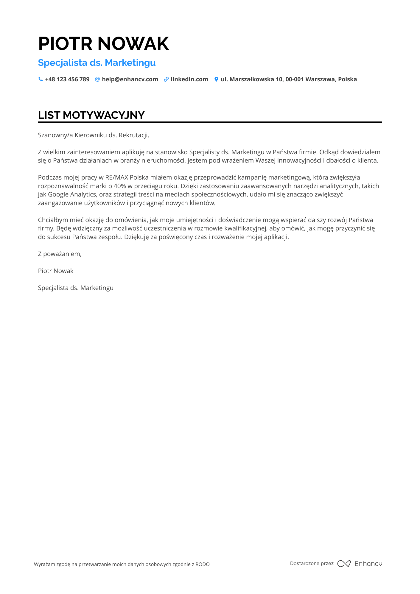 List motywacyjny dla Specjalista ds. Marketingu Nieruchomości Resume Example