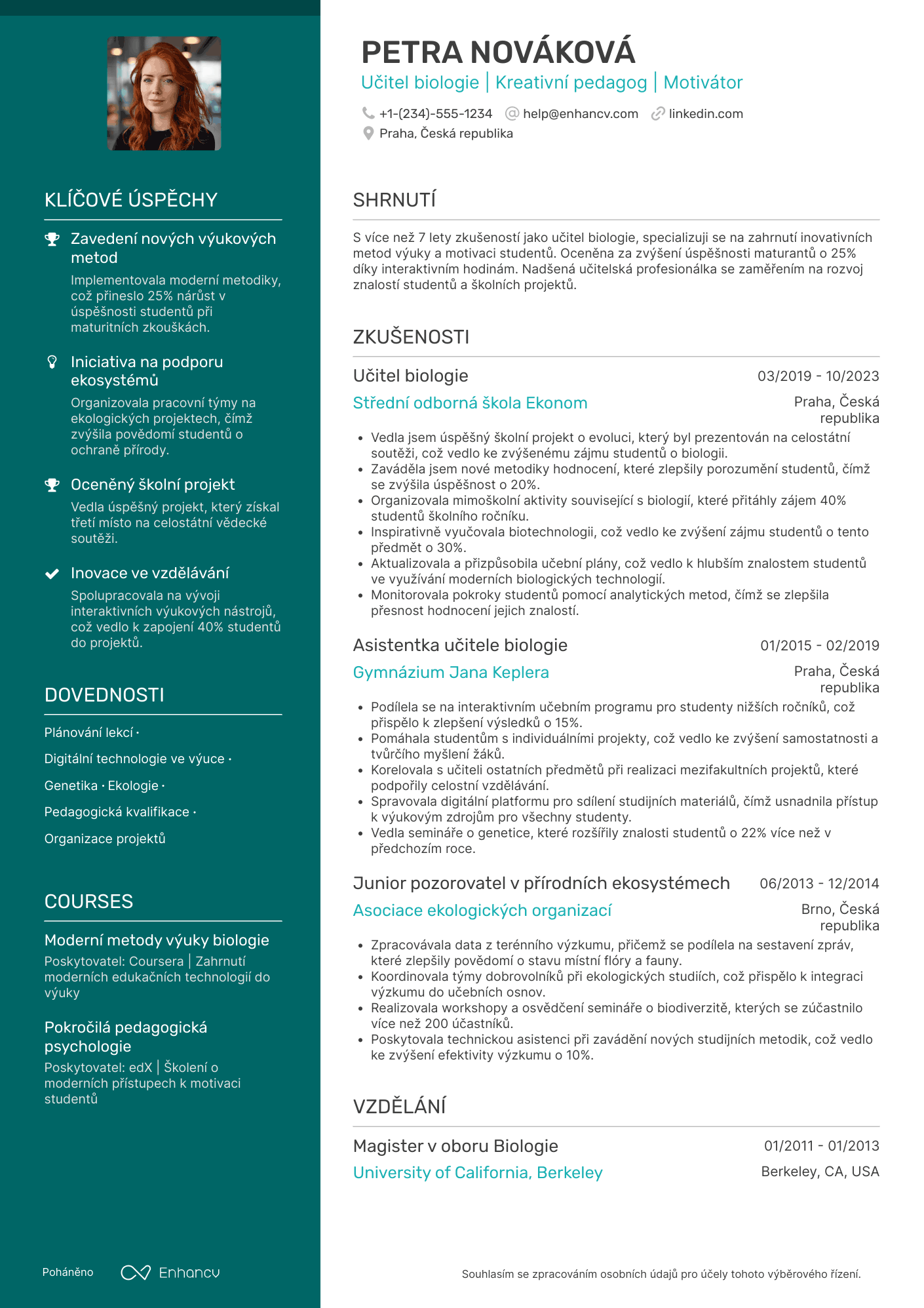 Životopis pro Učitel biologie Resume Example