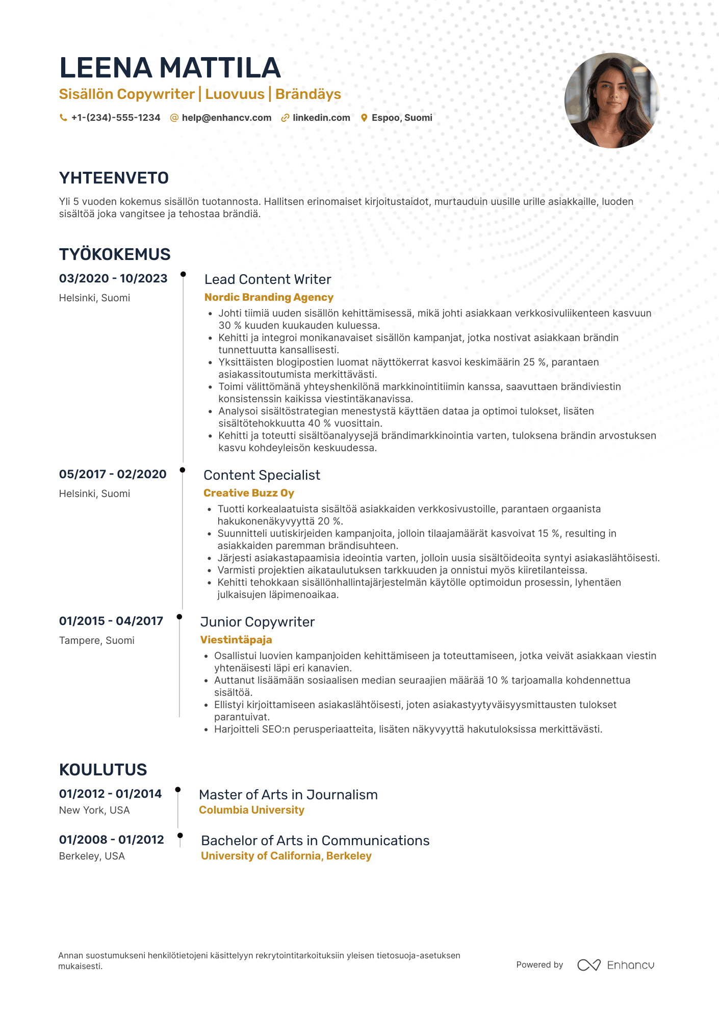 Ansioluettelo Content Copywriter Resume Example