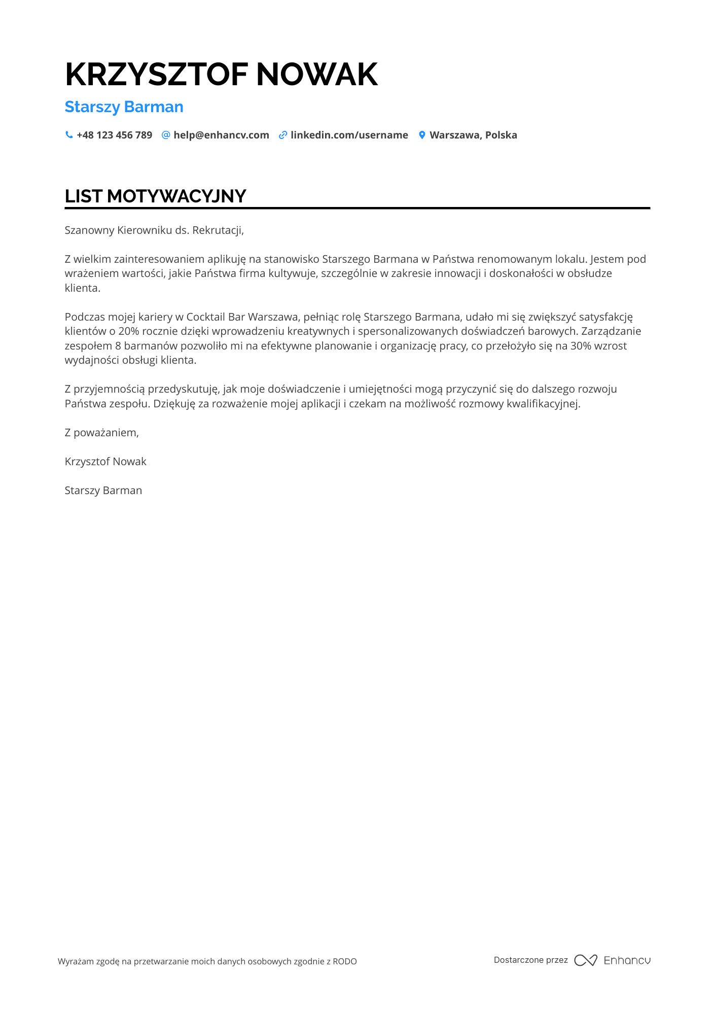List motywacyjny dla Starszy Barman Resume Example
