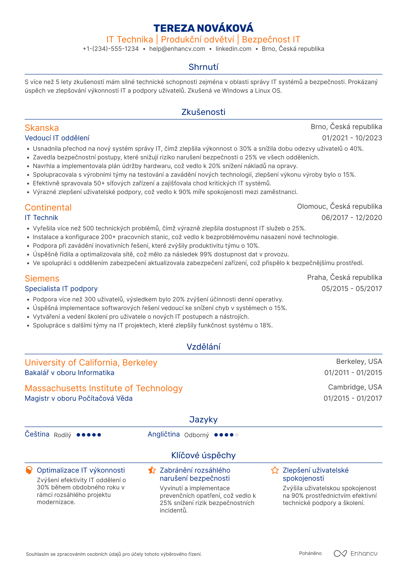 Životopis pro IT Technik Produktionsindustrie Resume Example