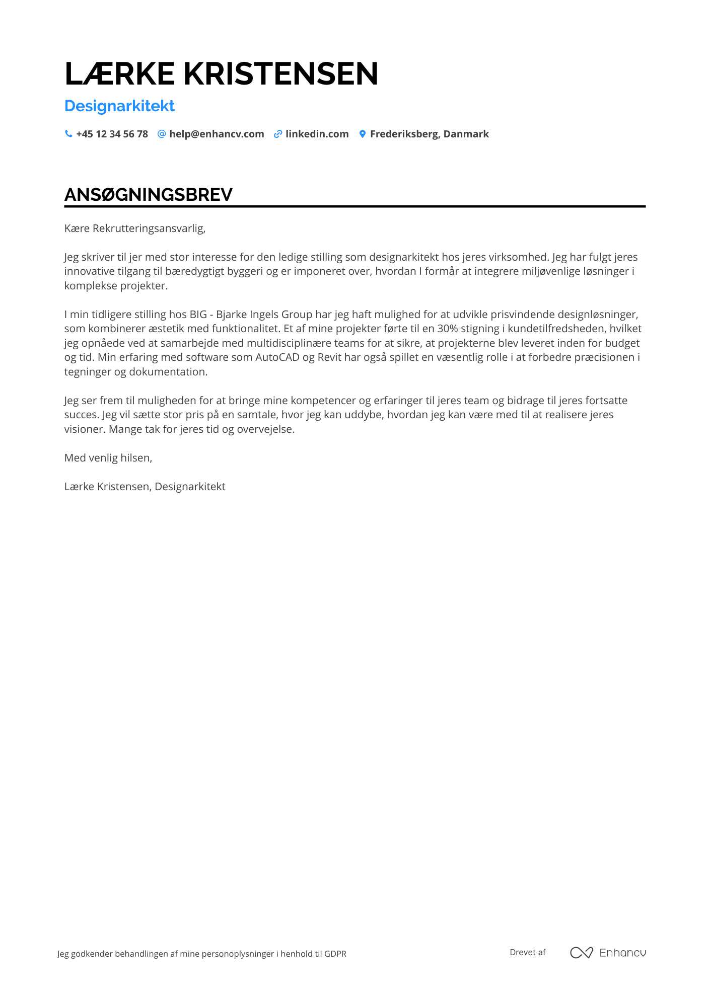 Ansøgningsbrev til Designarkitekt Resume Example