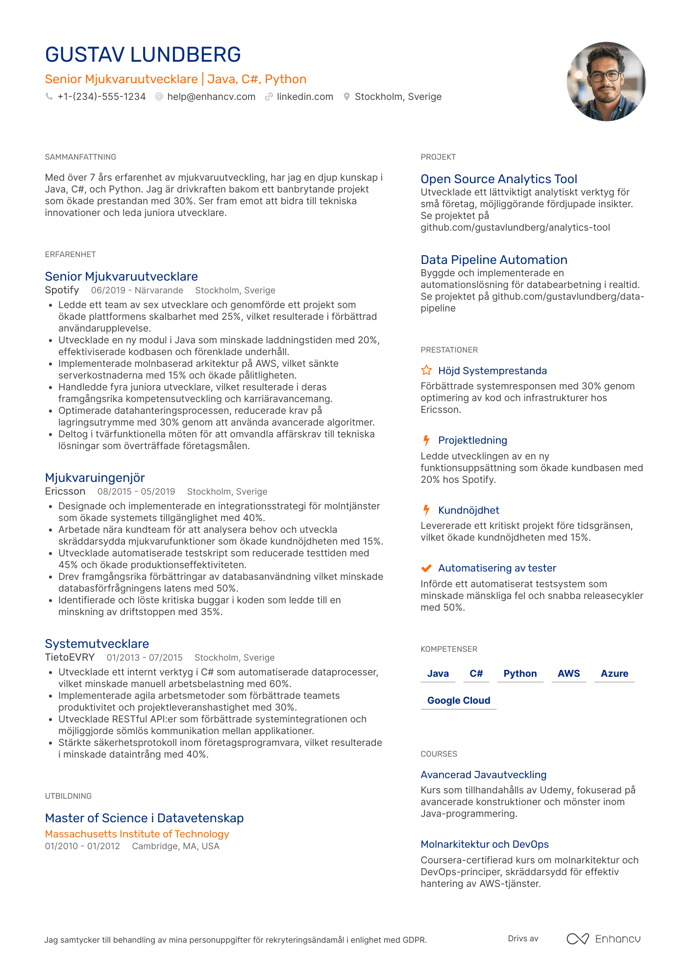 CV för Mjukvaruutvecklare Senior Resume Example