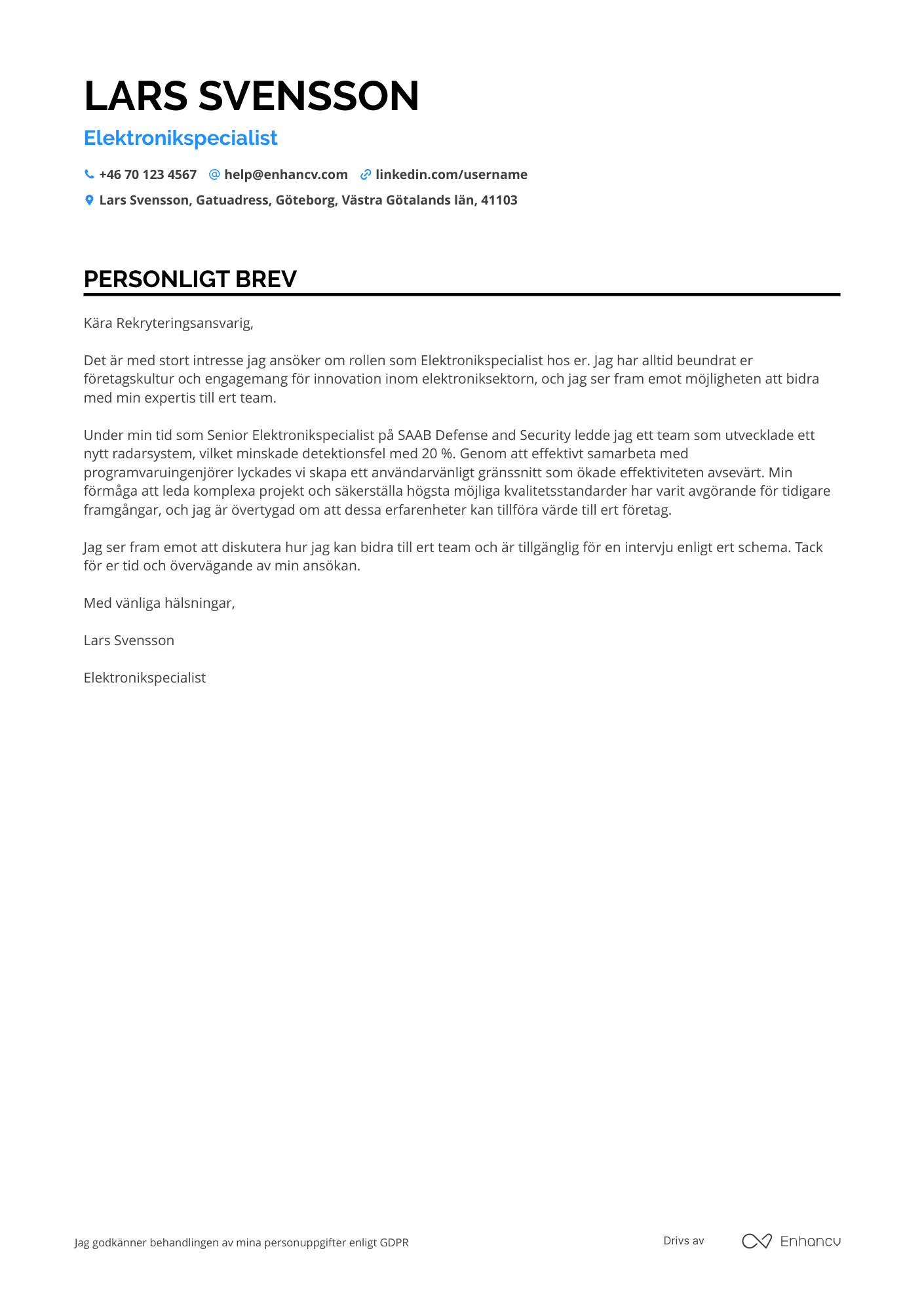 Personligt brev för Försvaret Elektronikspecialist Resume Example