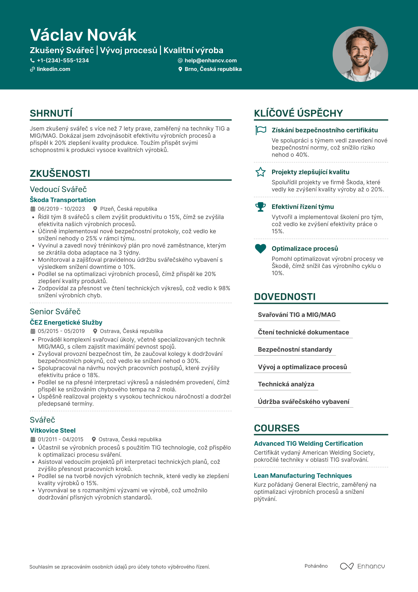 Životopis pro Svářeč senior Resume Example